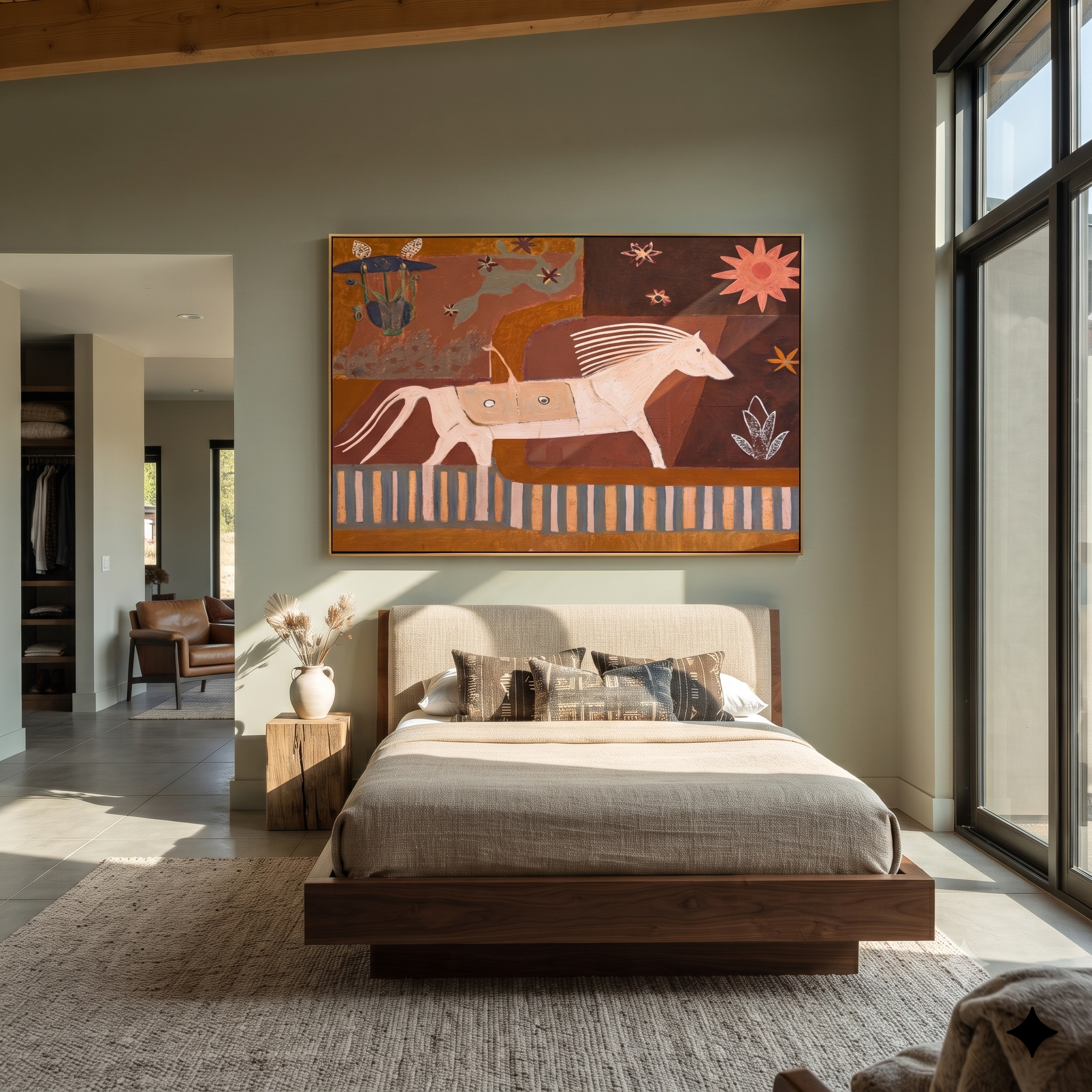 Three Horses Chase Sun presented as a colorful interior focal point