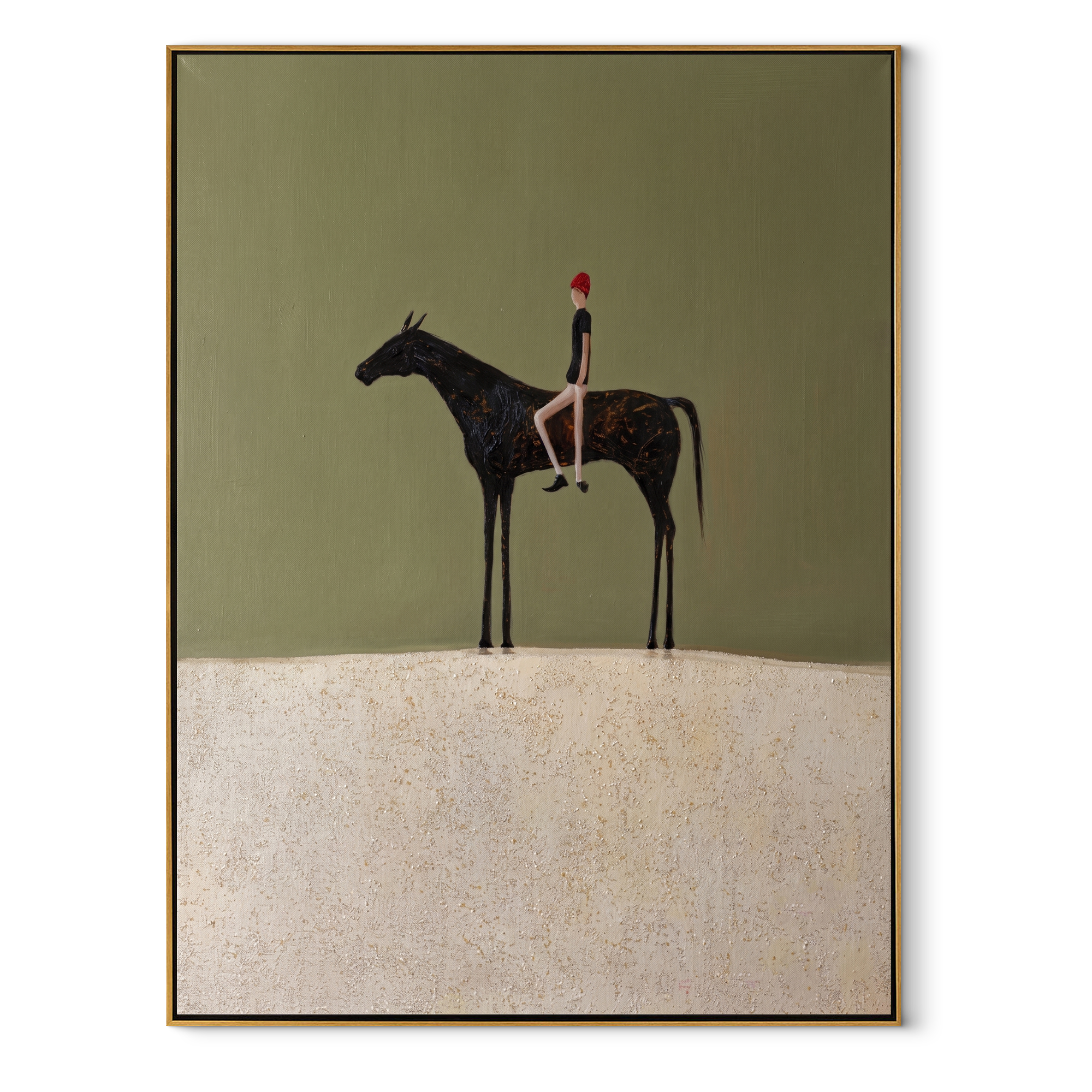 Tiny Rider Guards Snow equestrian horse painting, vertical canvas artwork