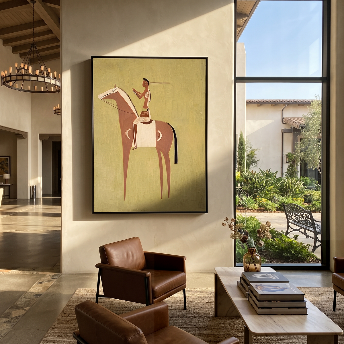Woman Rides Chestnut Stillness displayed in a collected contemporary interior