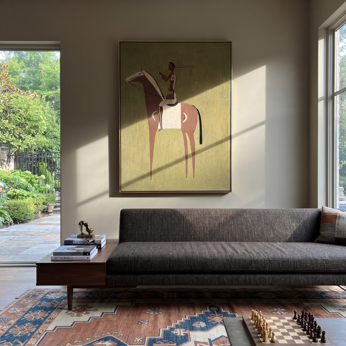 Woman Rides Chestnut Stillness styled with warm modern furnishings