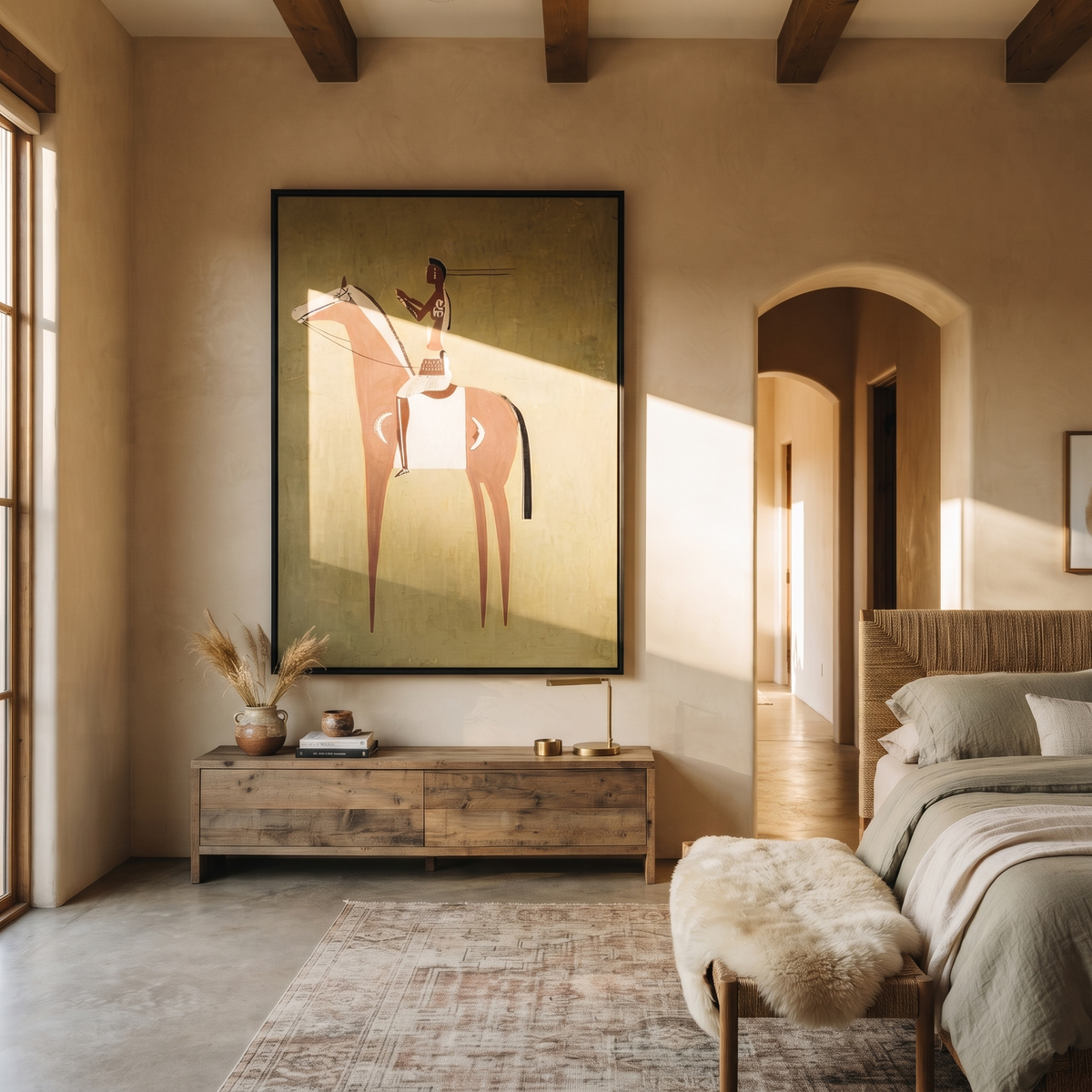 Woman Rides Chestnut Stillness styled with wood, linen, and modern decor
