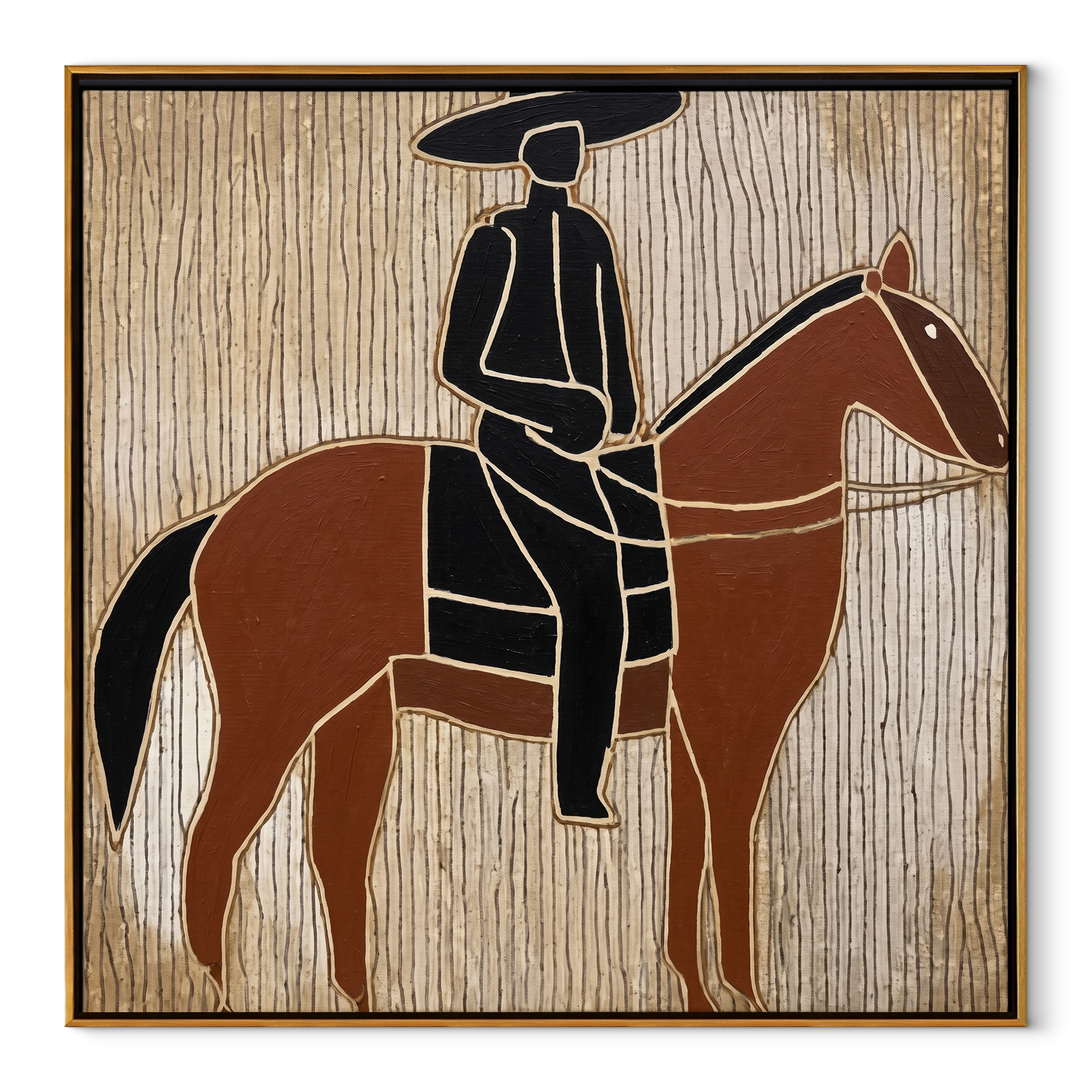 Black Lines Frame Rider equestrian horse painting, square canvas artwork