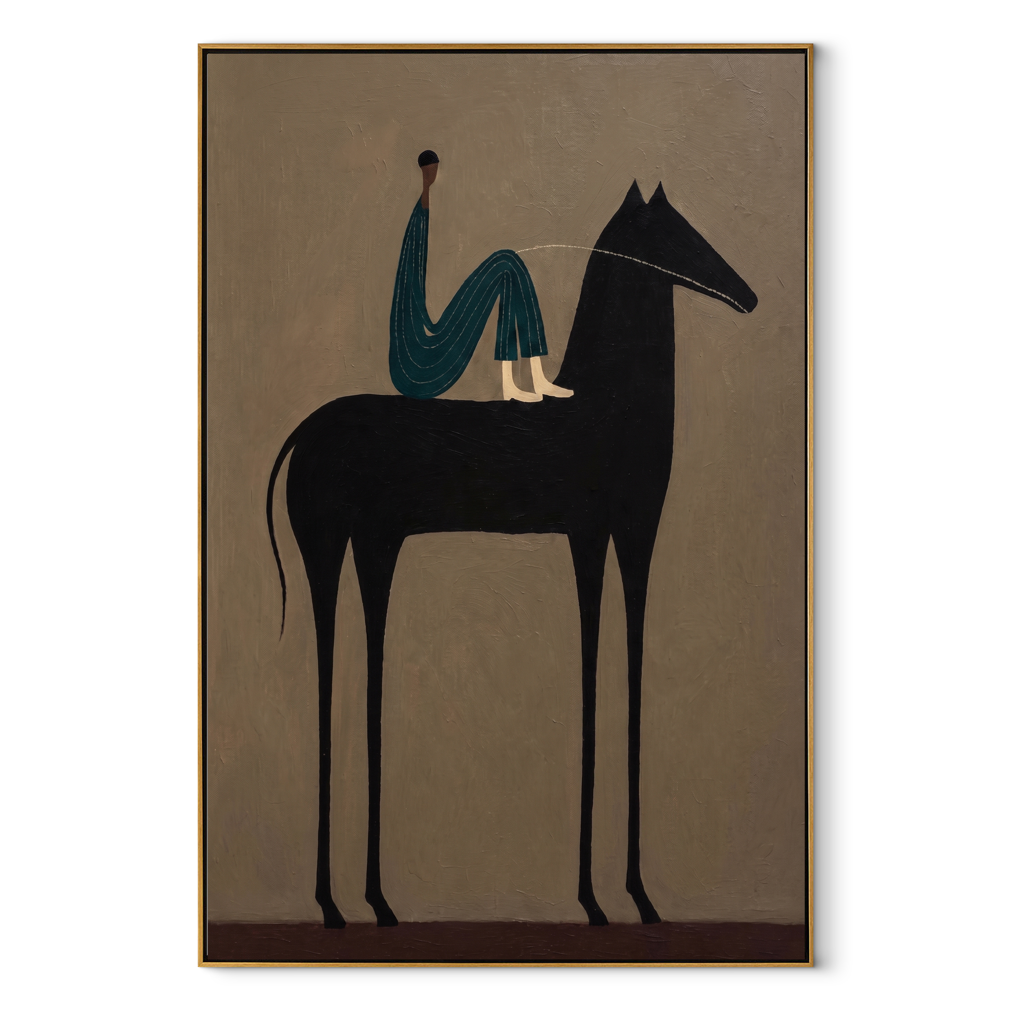 Blue Figure Sits High equestrian horse painting, vertical canvas artwork