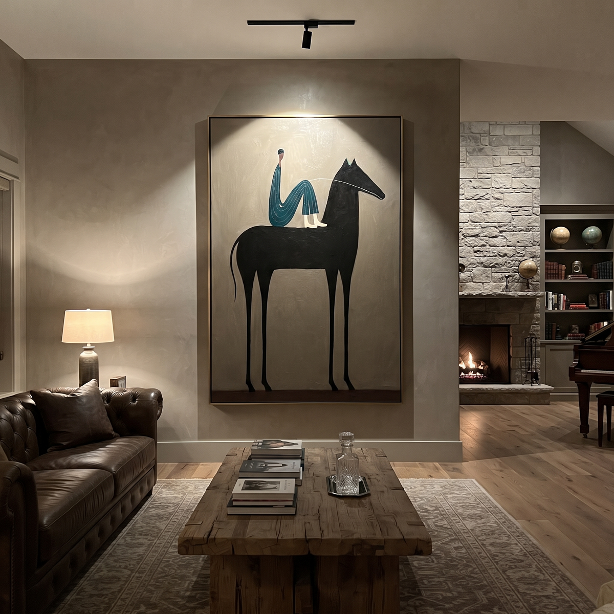 Blue Figure Sits High presented as a colorful interior focal point