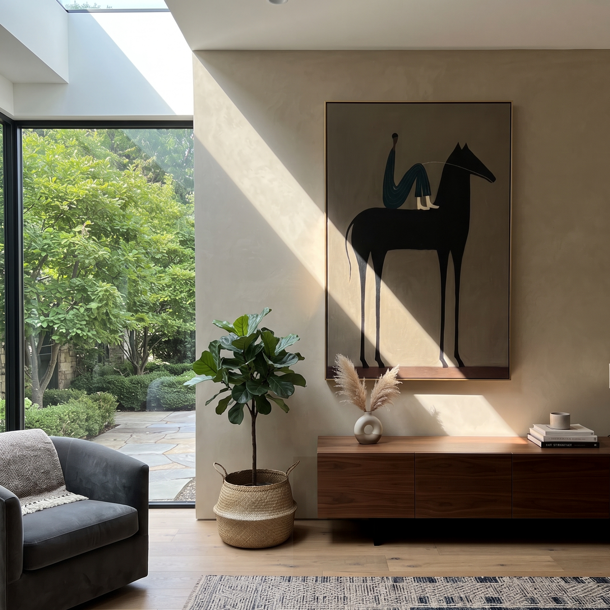 Blue Figure Sits High displayed in a layered residential setting