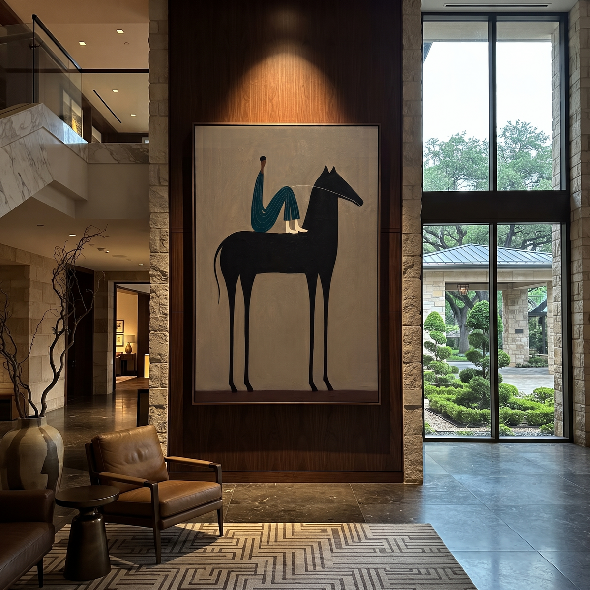 Blue Figure Sits High styled with wood, linen, and modern decor