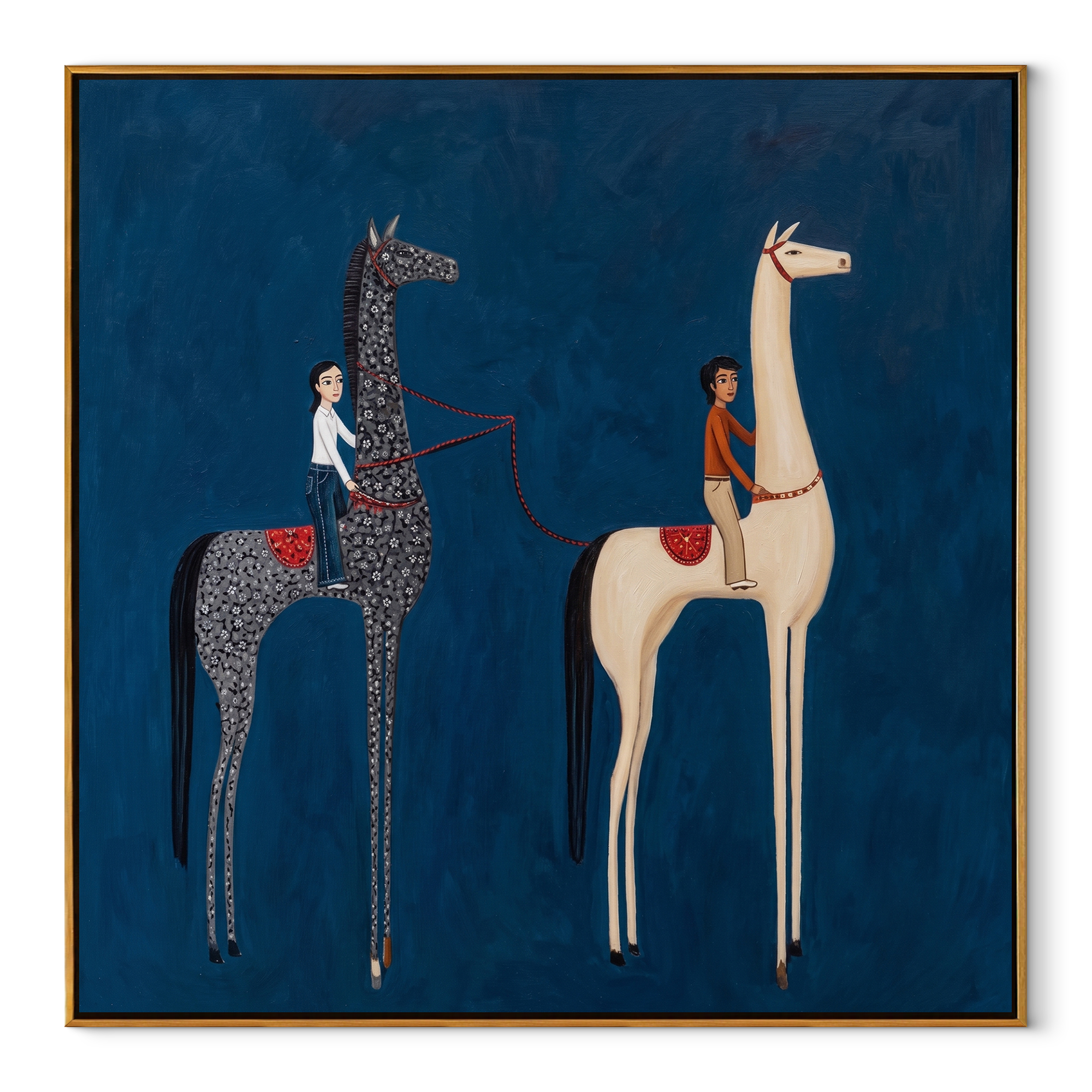 Two Riders Divide Blue equestrian horse painting, square canvas artwork