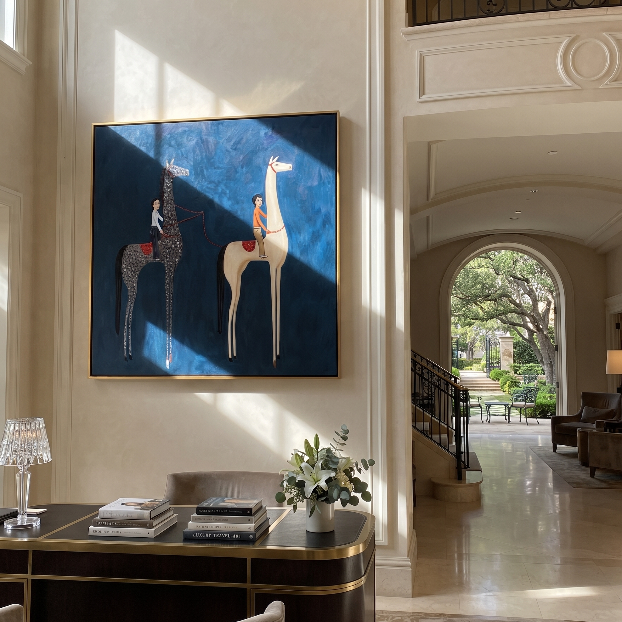 Two Riders Divide Blue displayed in a layered residential setting
