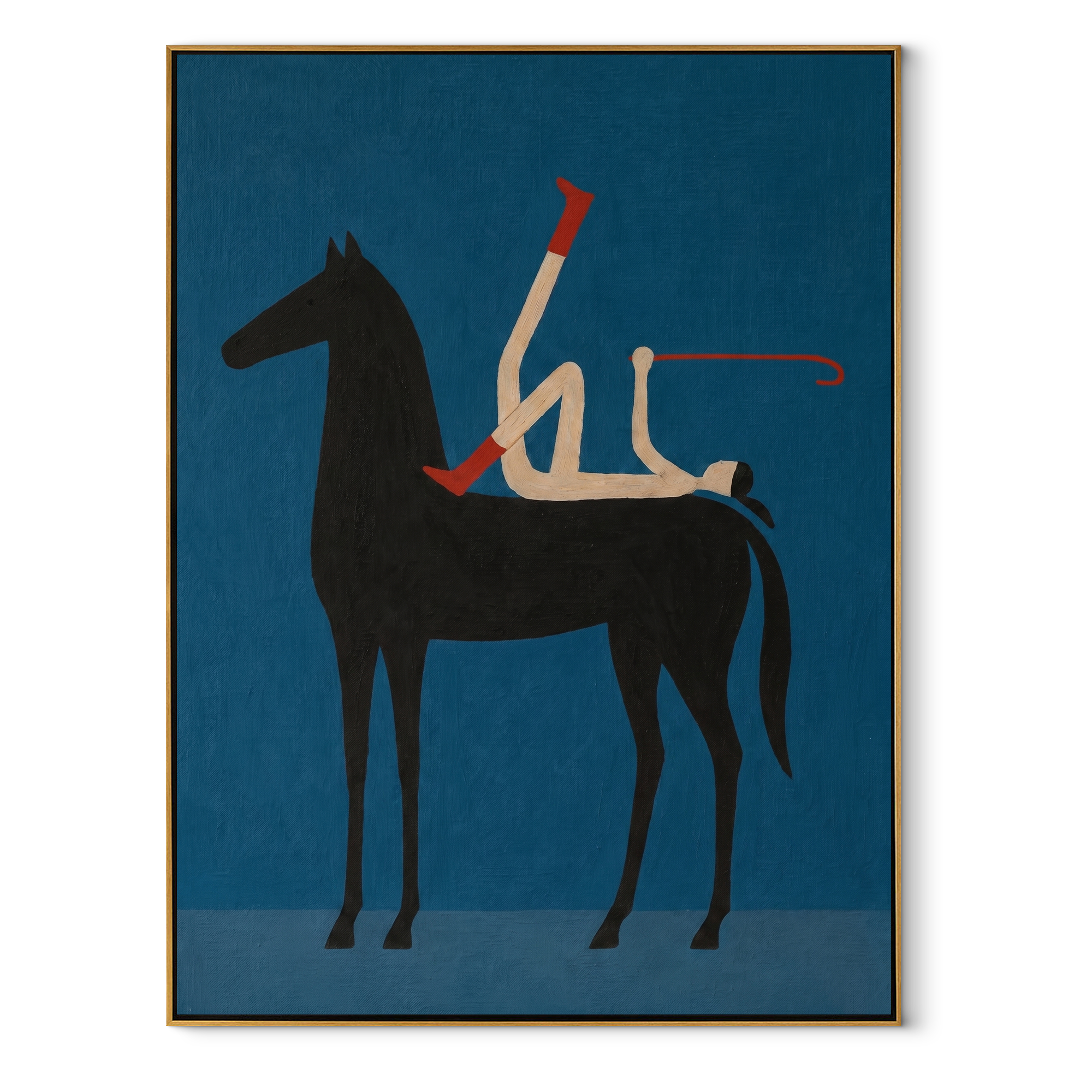 Red Boot Splits Blue equestrian horse painting, vertical canvas artwork