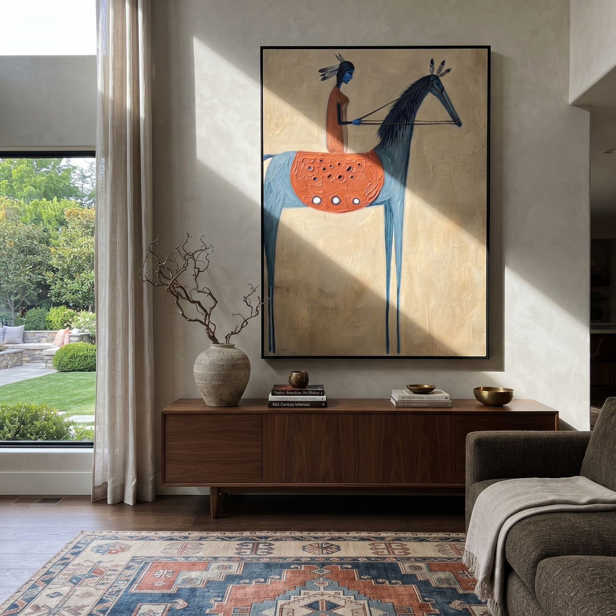 Blue Horse Carries Vermilion displayed in a collected contemporary interior