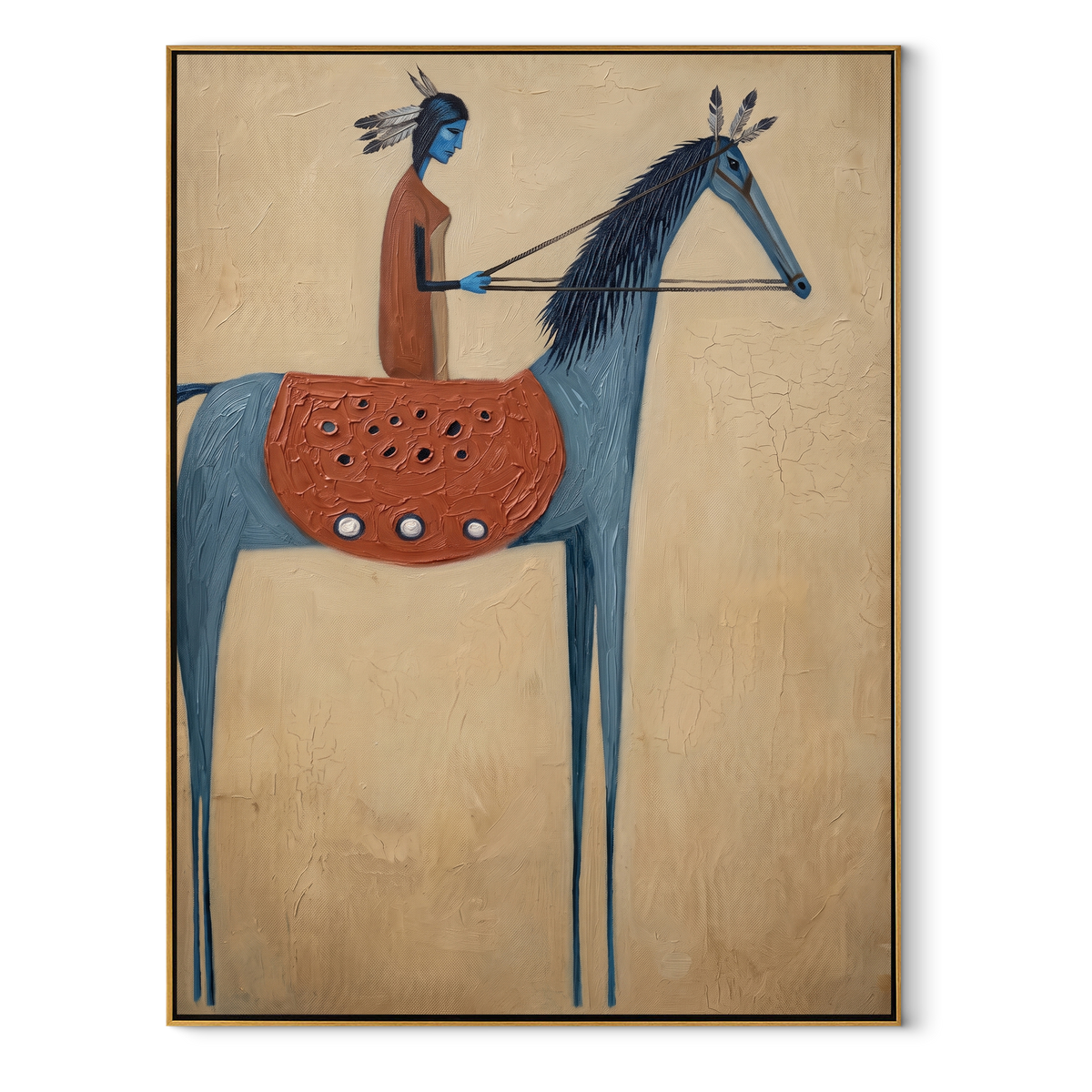 Blue Horse Carries Vermilion equestrian horse painting, vertical canvas artwork