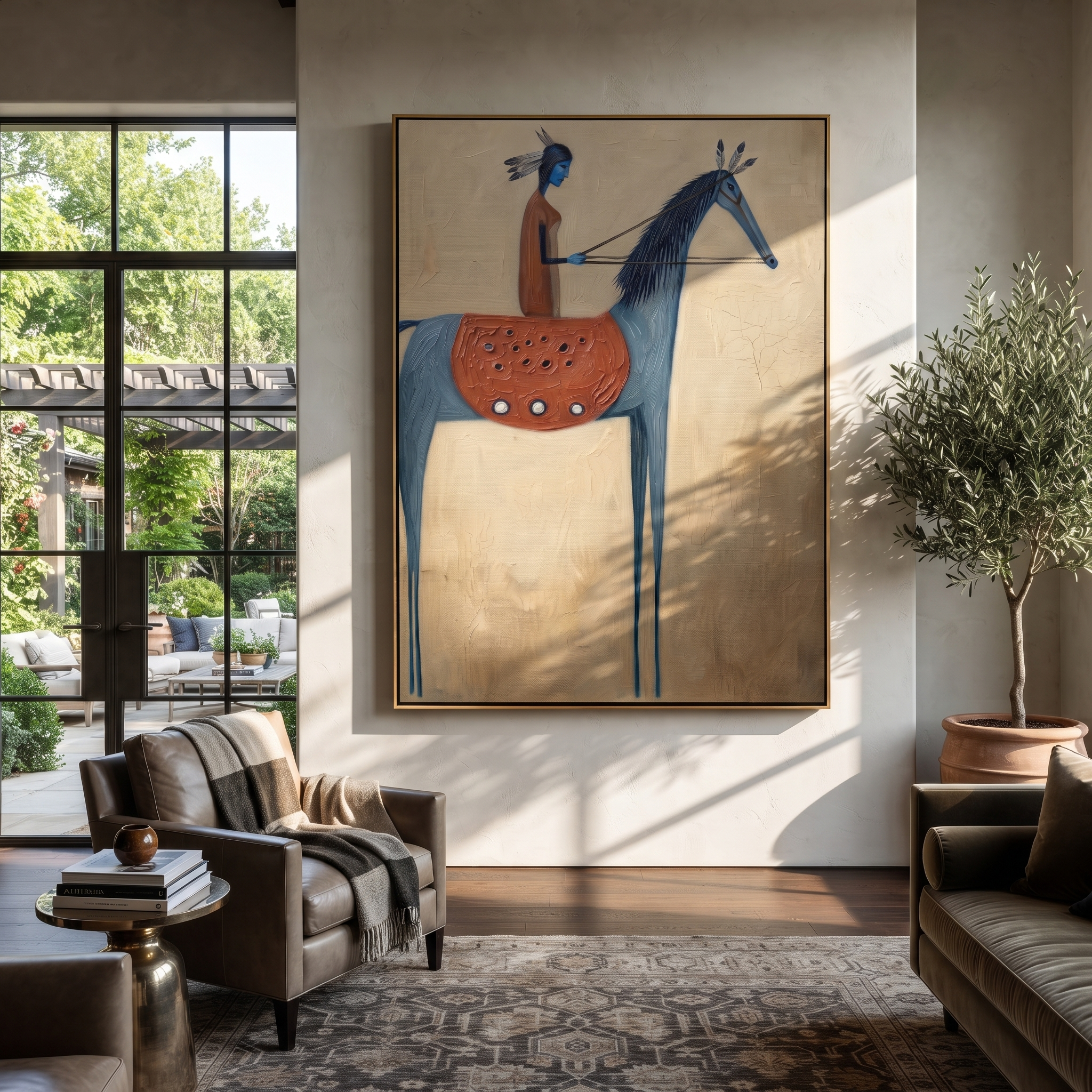 Blue Horse Carries Vermilion presented as a colorful interior focal point