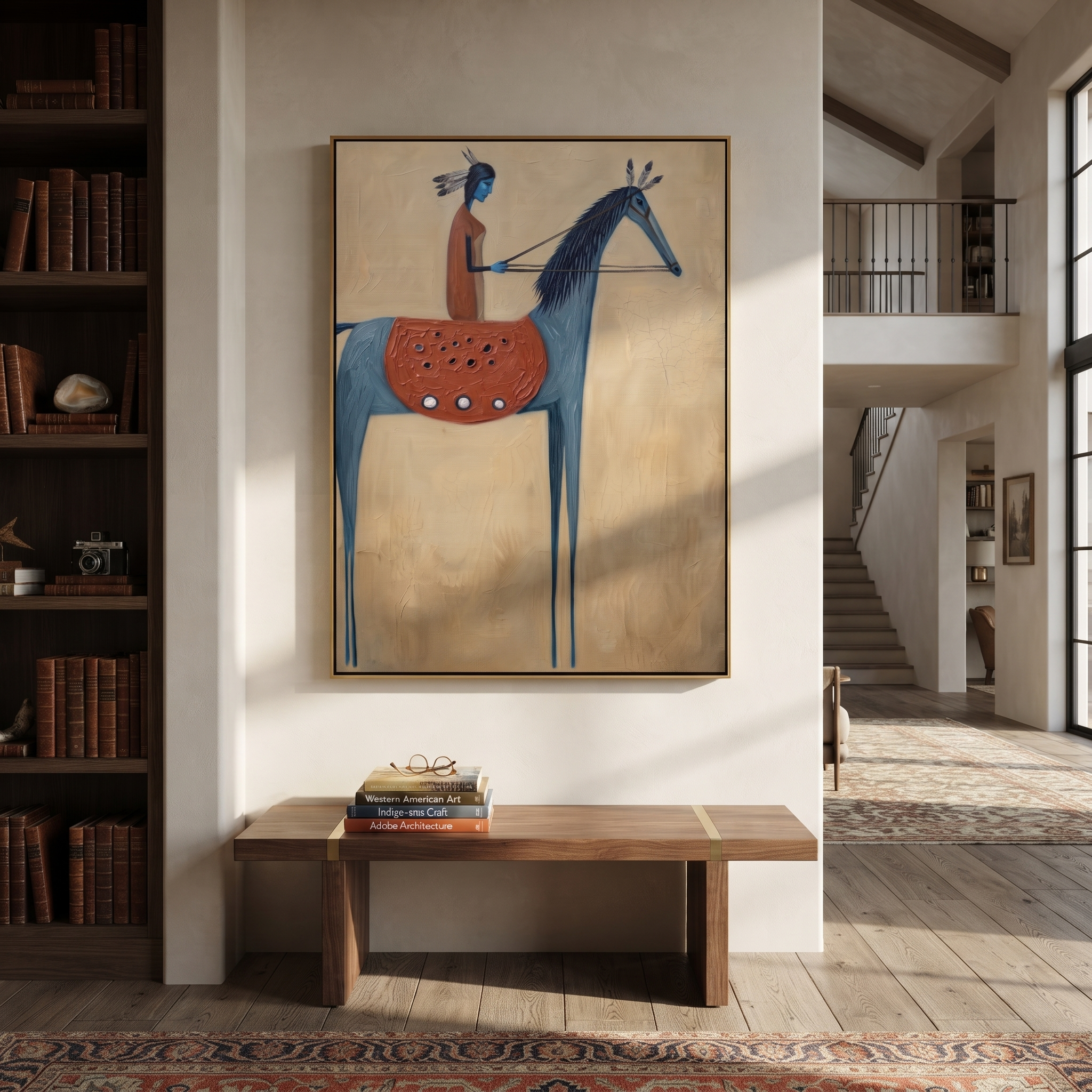 Blue Horse Carries Vermilion displayed in a layered residential setting