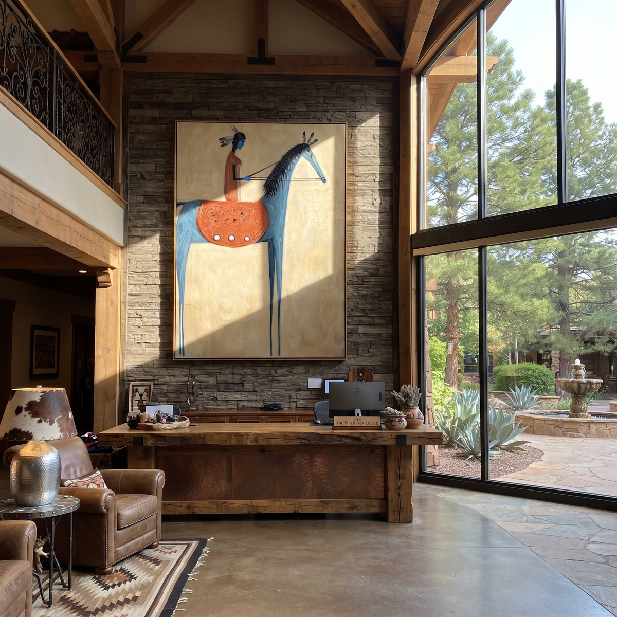 Blue Horse Carries Vermilion styled with wood, linen, and modern decor