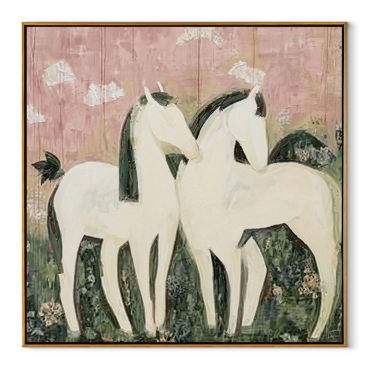 Three White Horses Gather equestrian horse painting, square canvas artwork
