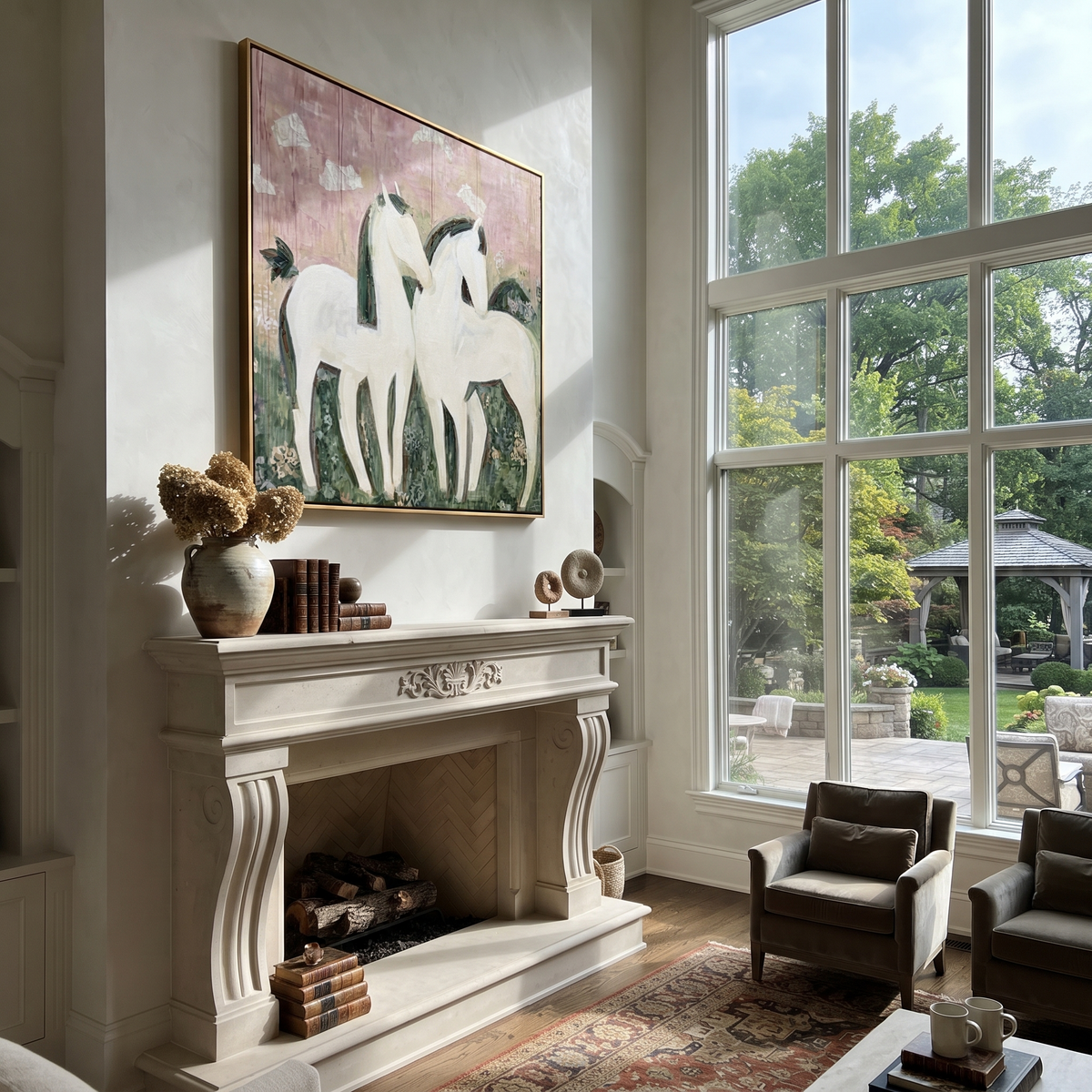 Three White Horses Gather styled with warm modern furnishings