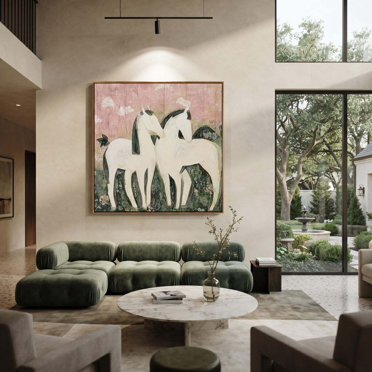 Three White Horses Gather presented as a colorful interior focal point