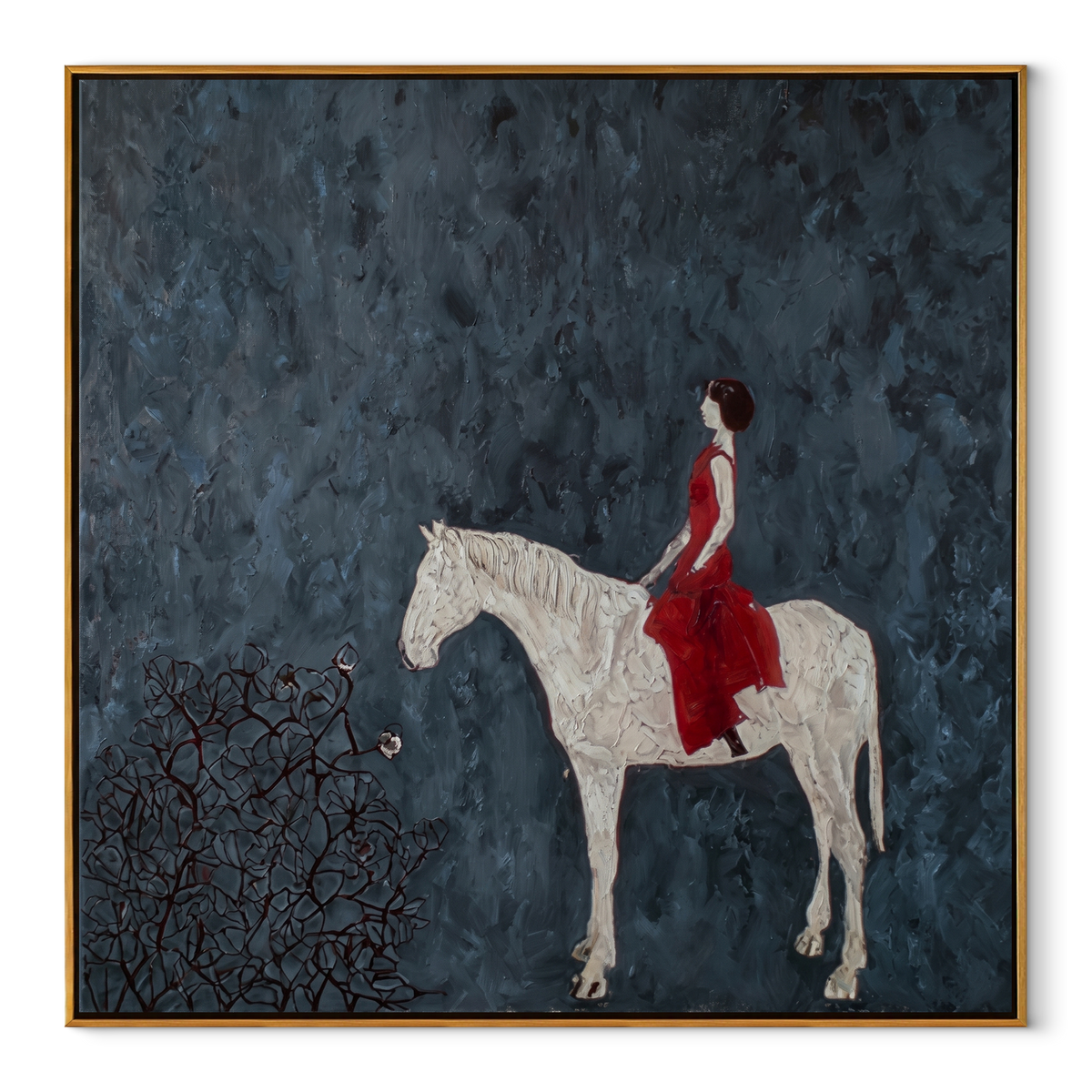 Red Dress Crosses Blue equestrian horse painting, square canvas artwork
