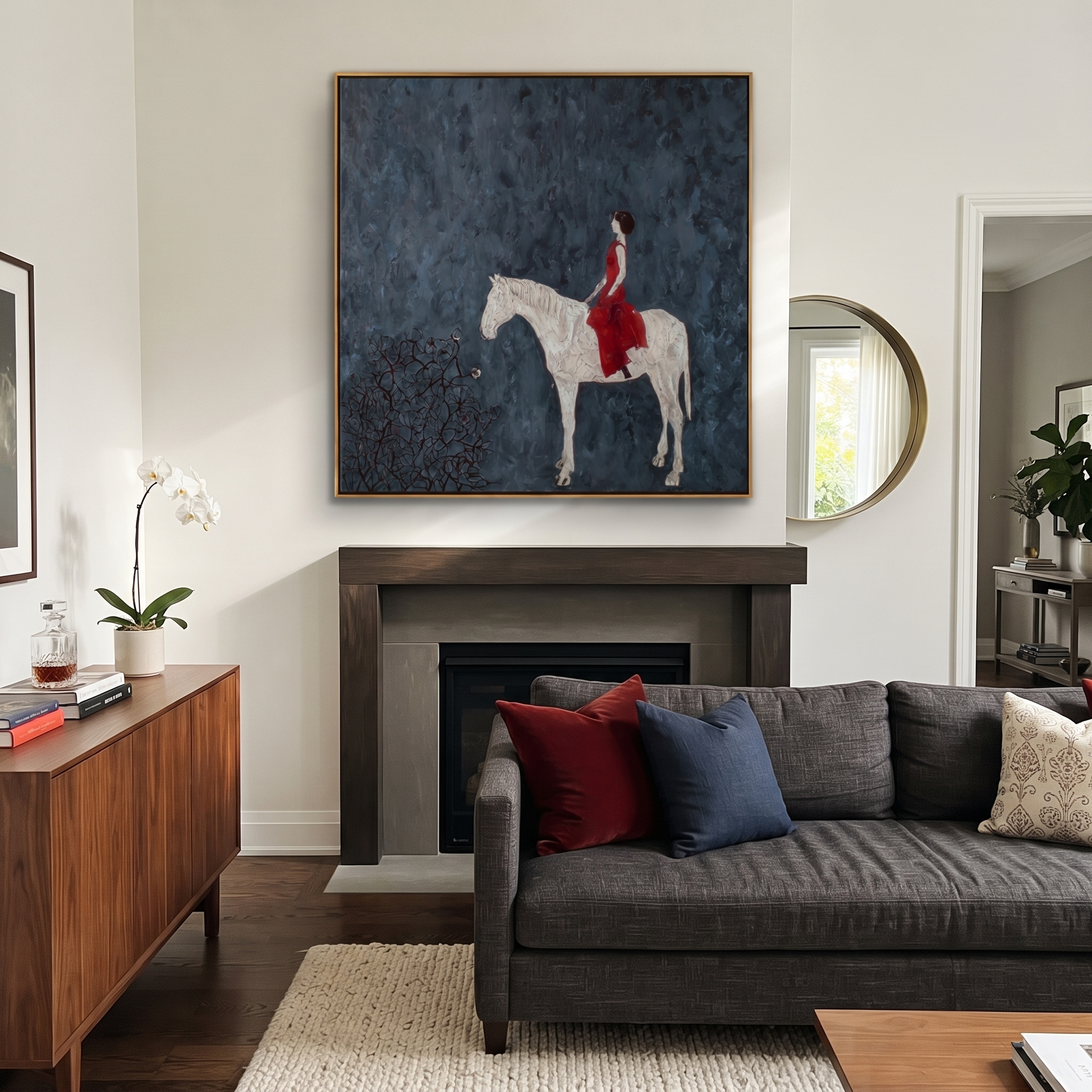 Red Dress Crosses Blue displayed in a layered residential setting