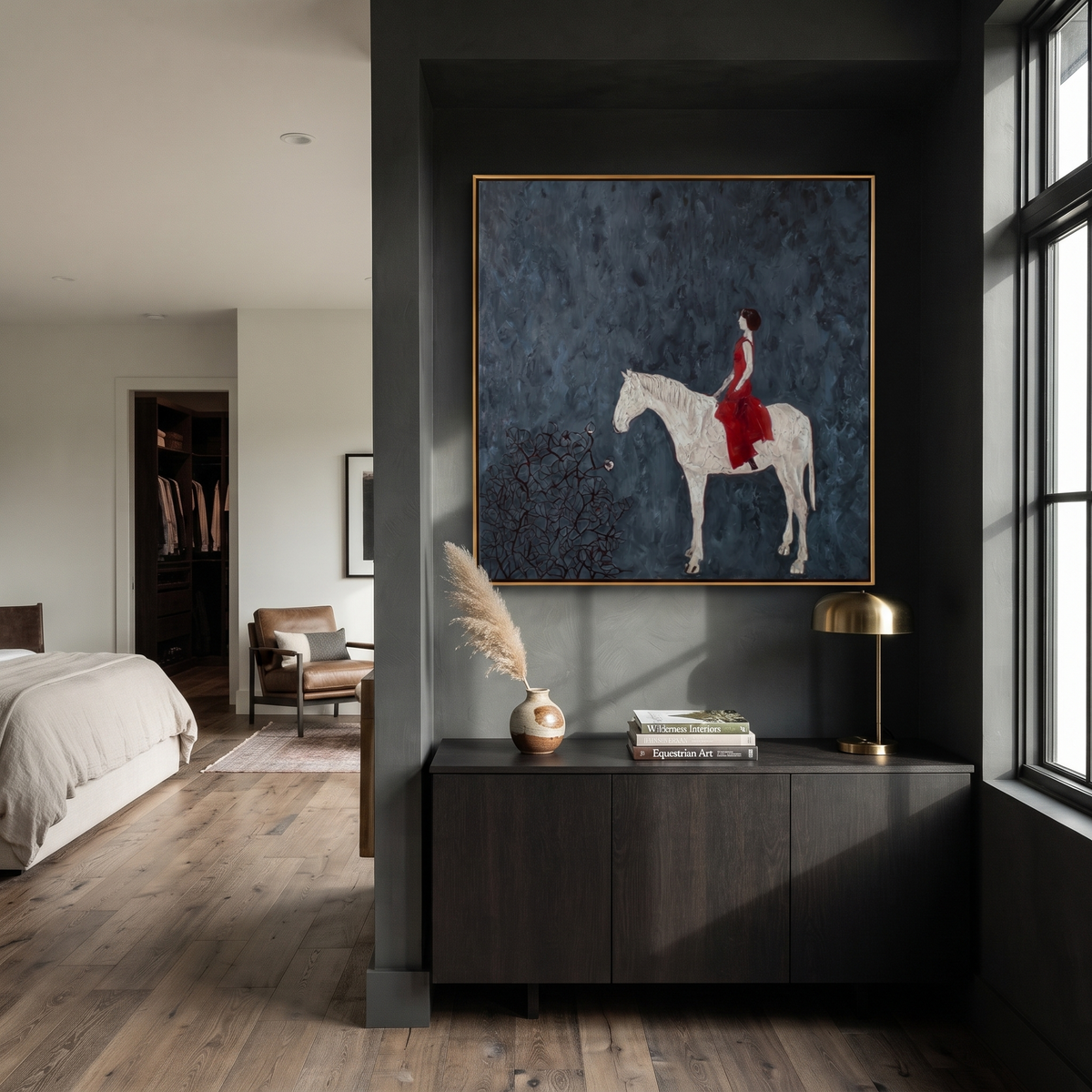 Red Dress Crosses Blue styled with wood, linen, and modern decor