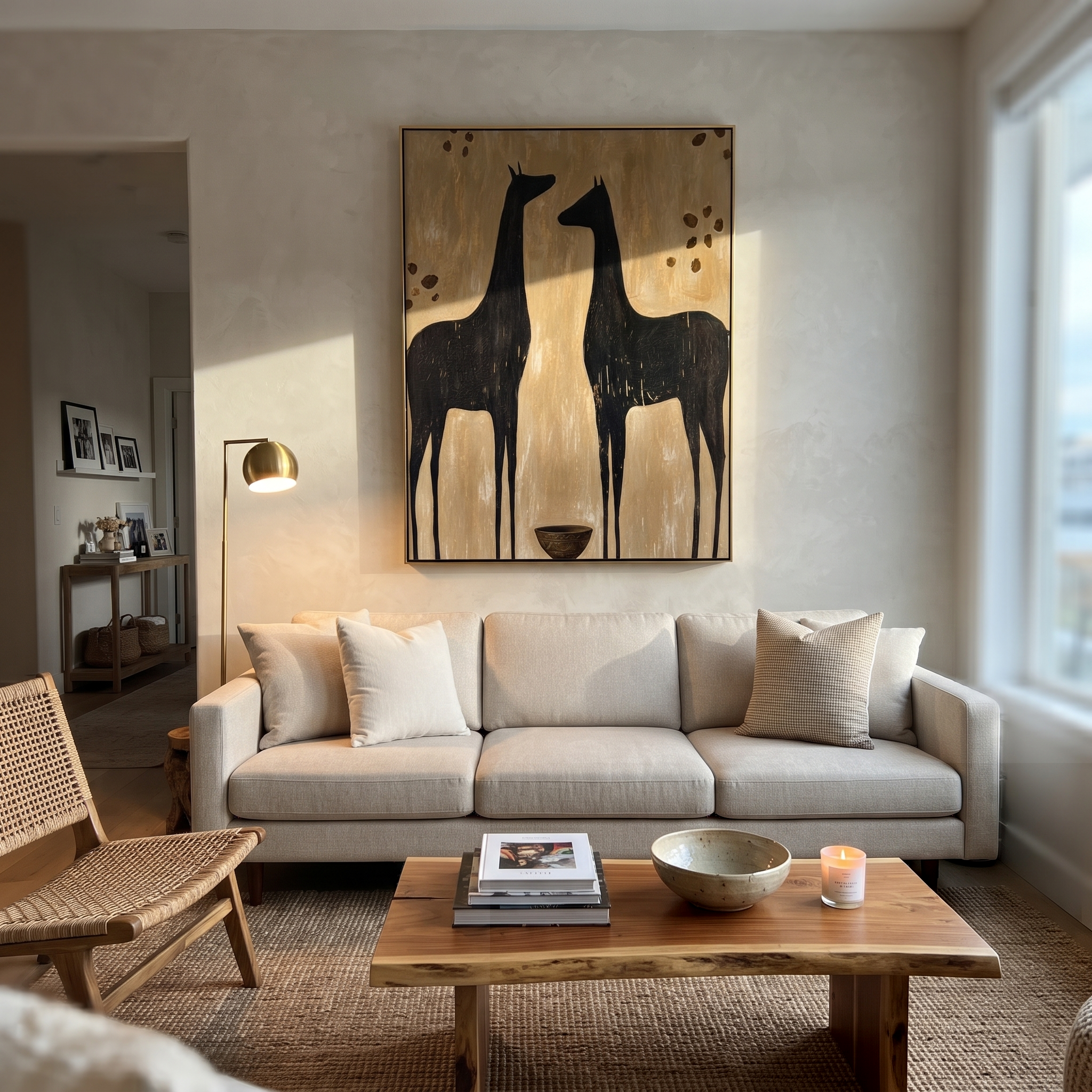 Two Black Horses Listen displayed in a layered residential setting