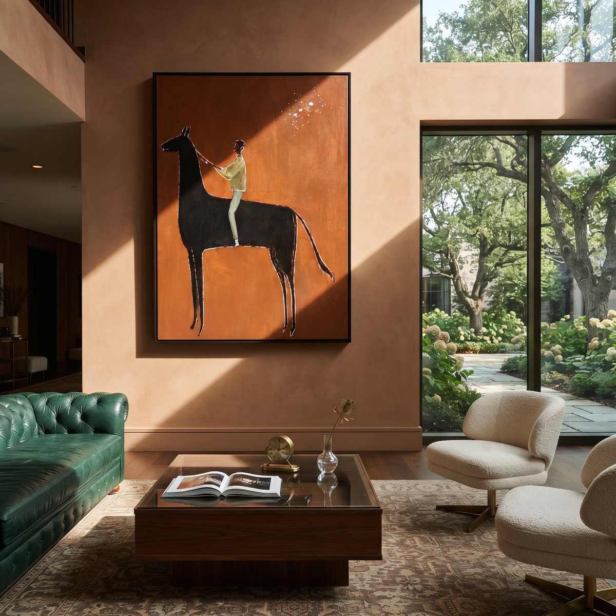 Green Rider Holds Reins presented as a colorful interior focal point