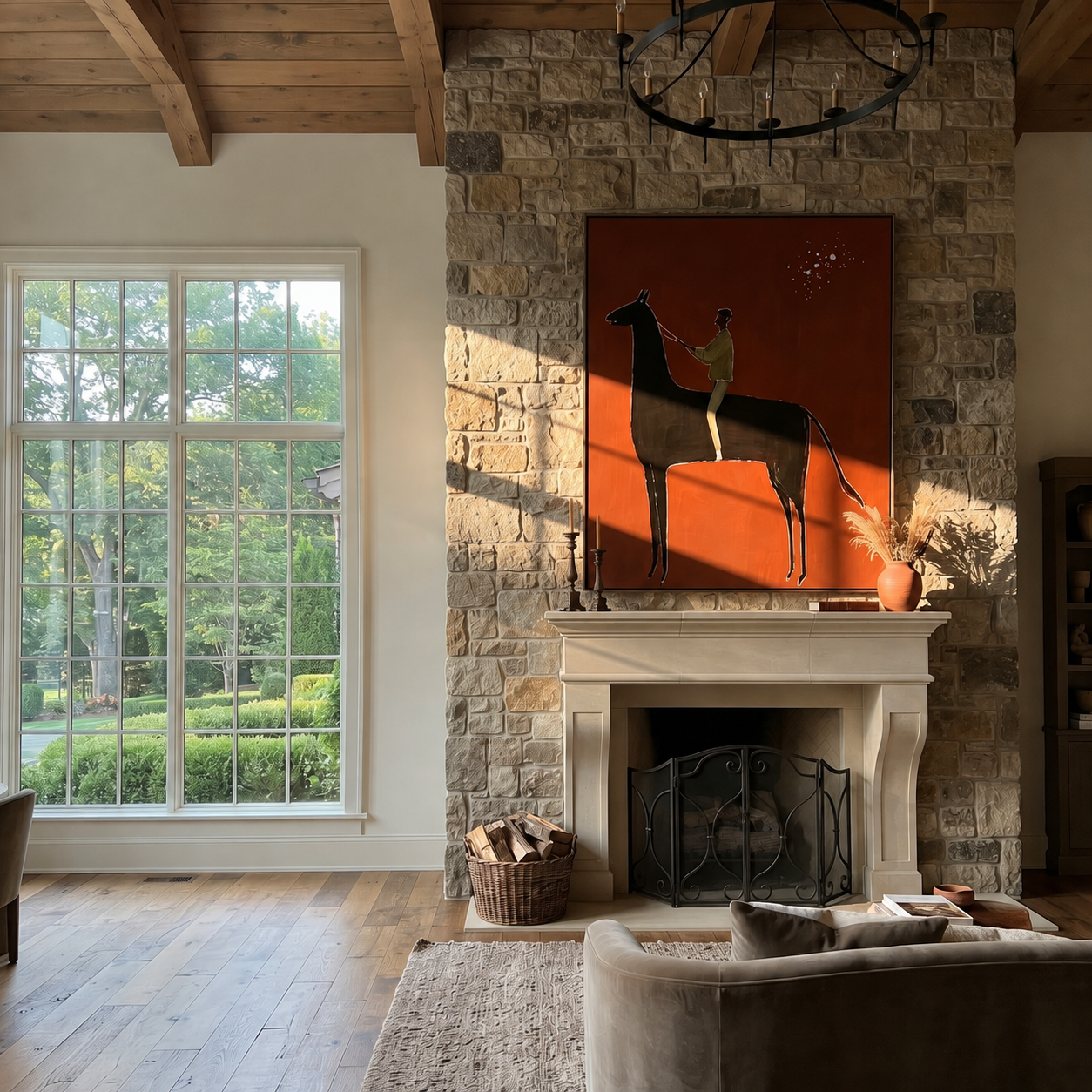 Green Rider Holds Reins styled with wood, linen, and modern decor