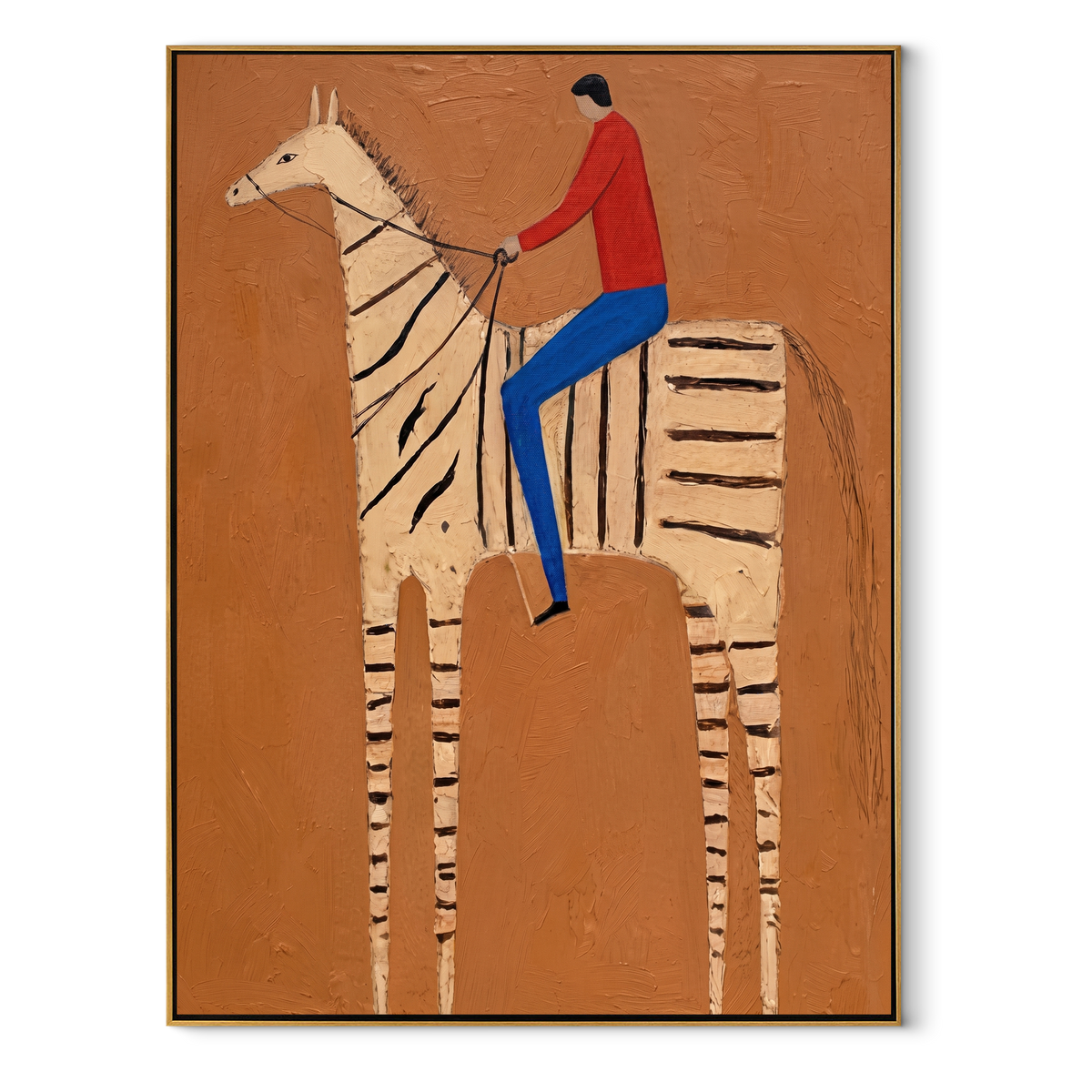 Red Shirt Rides Stripes equestrian horse painting, vertical canvas artwork