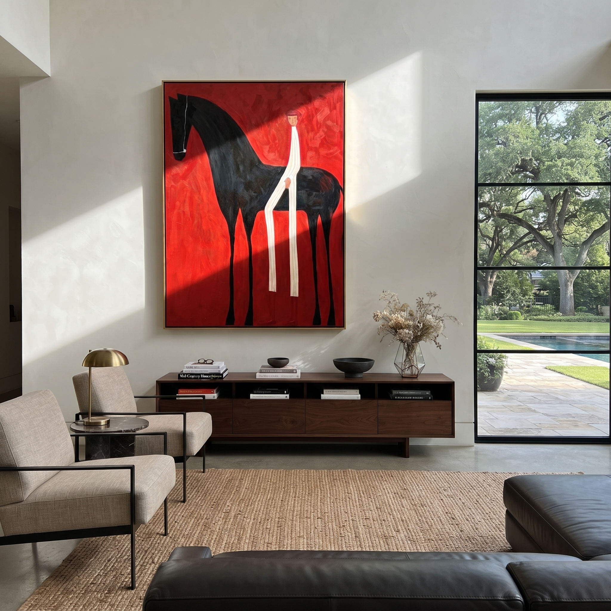 White Figure Splits Crimson displayed in a collected contemporary interior
