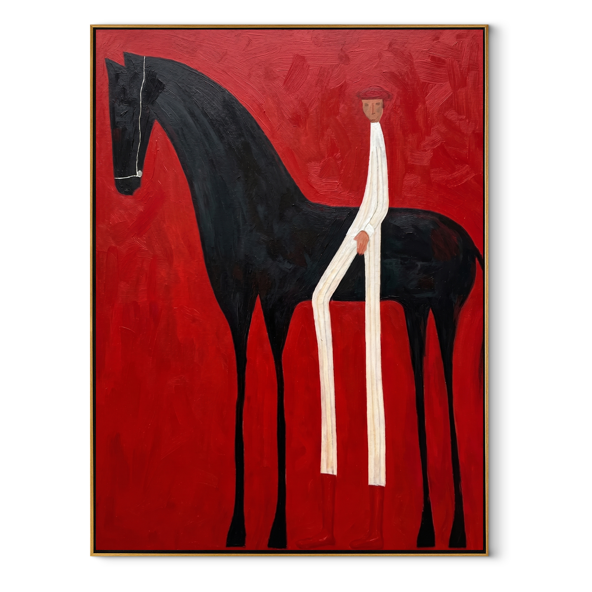 White Figure Splits Crimson equestrian horse painting, vertical canvas artwork