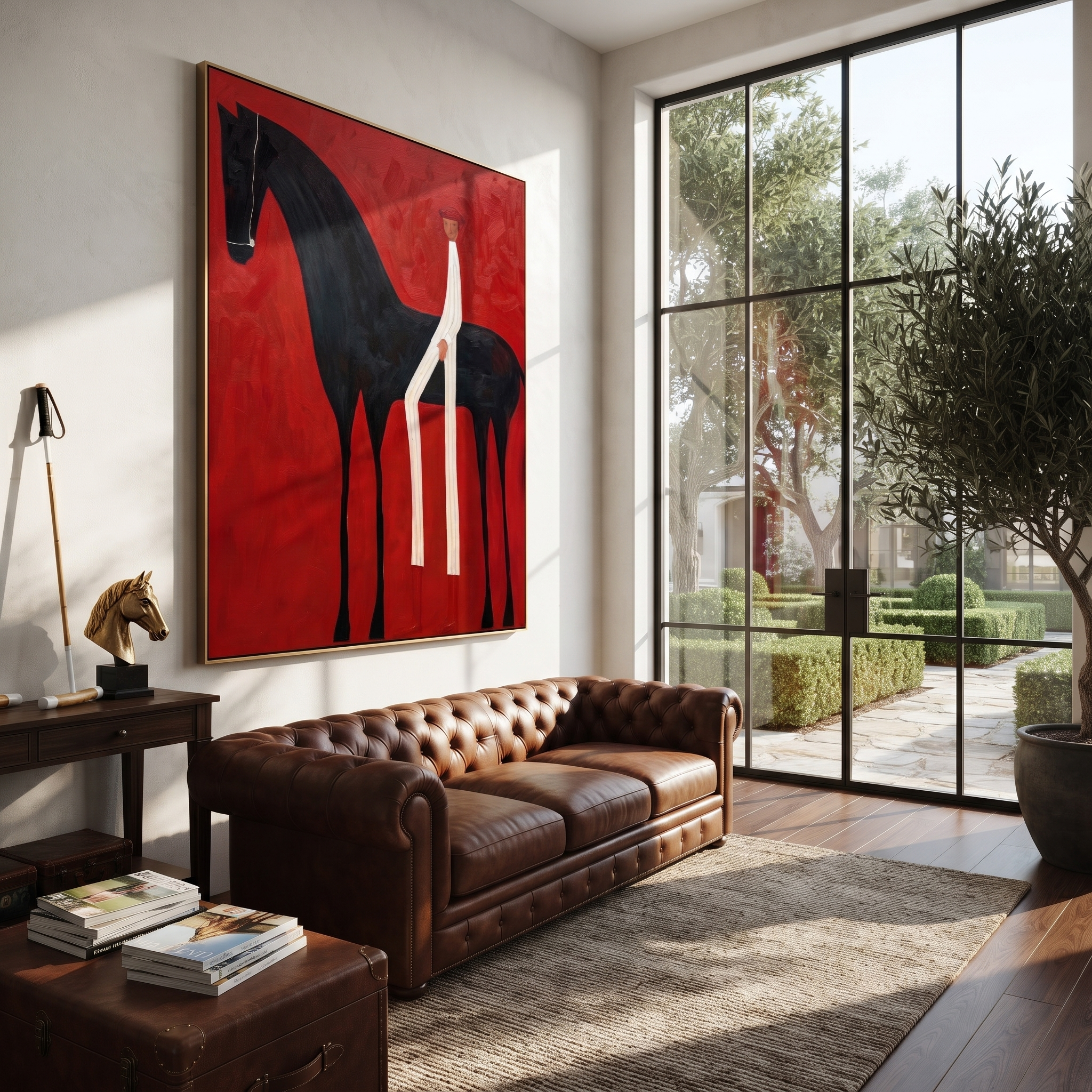 White Figure Splits Crimson presented as a colorful interior focal point