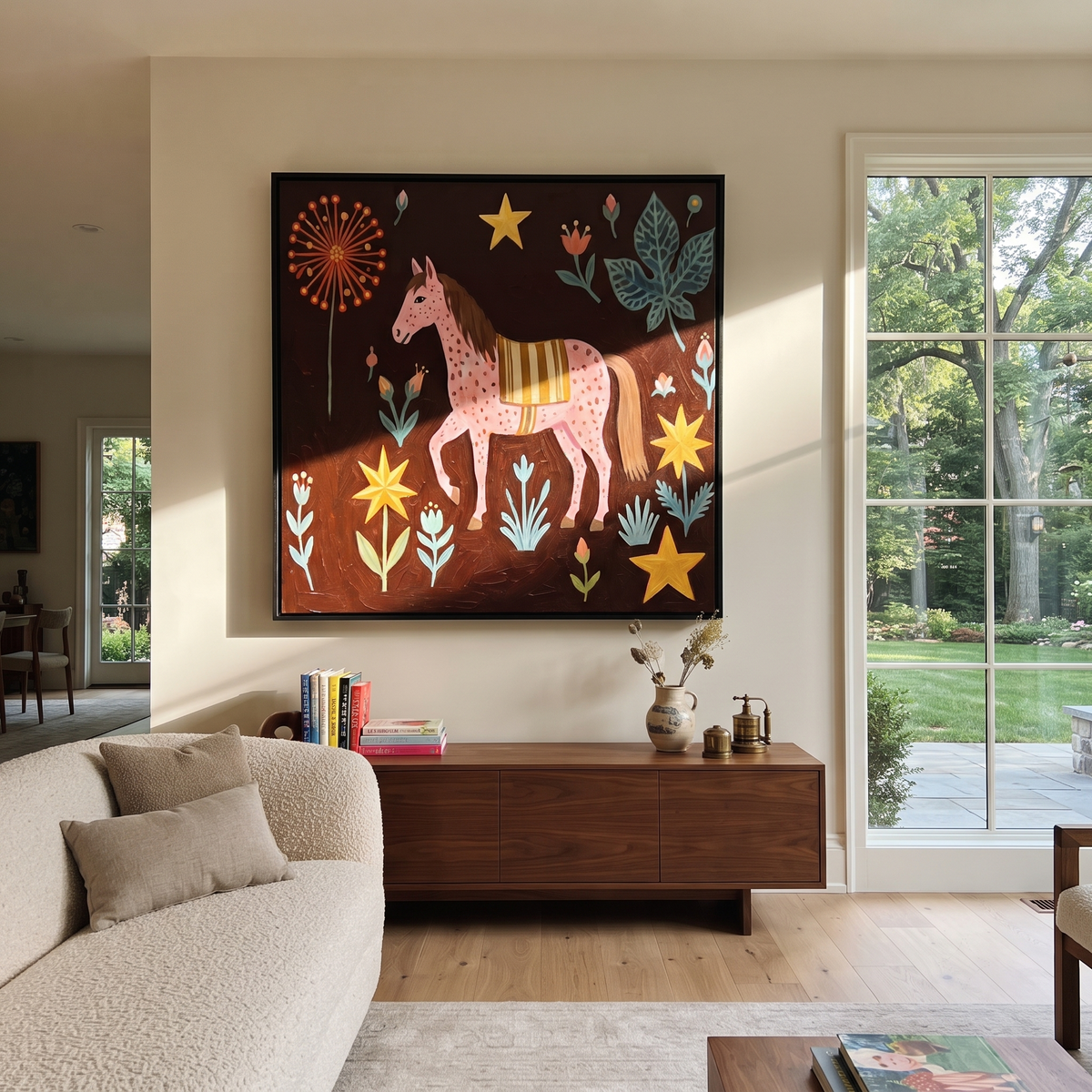 Pink Horse Blooms Wild displayed in a collected contemporary interior