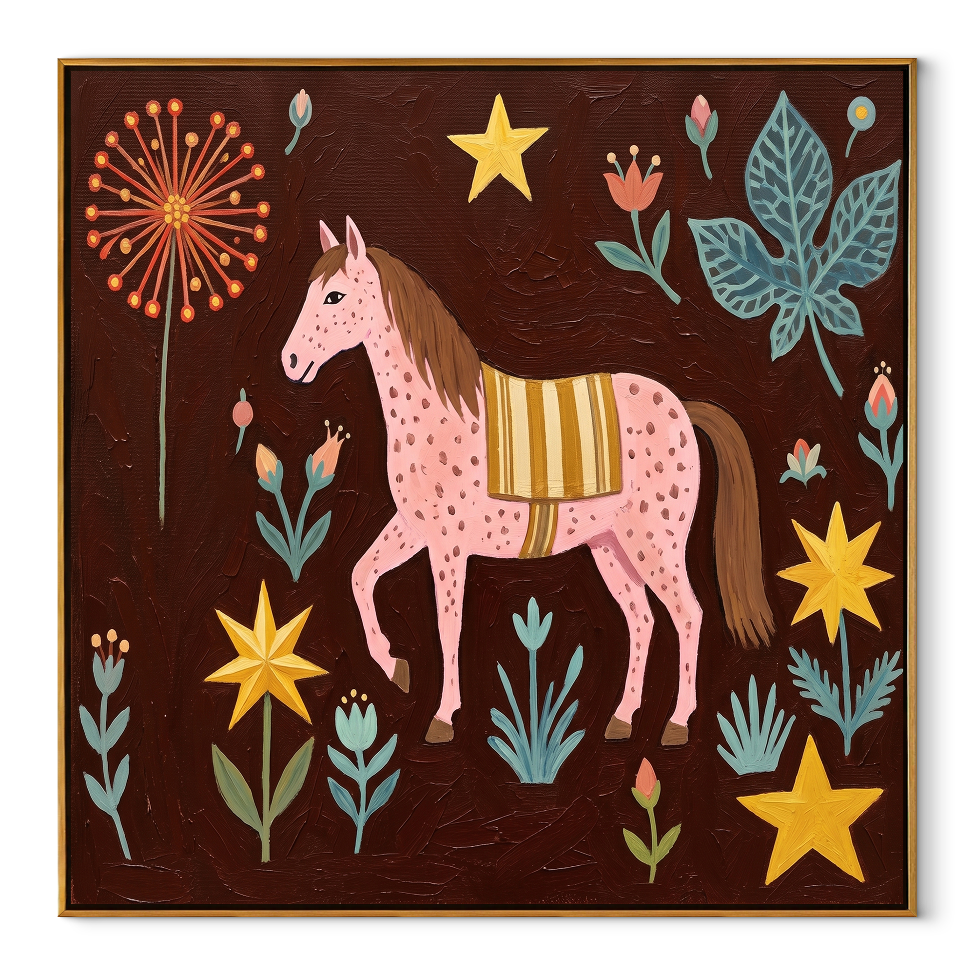 Pink Horse Blooms Wild equestrian horse painting, square canvas artwork