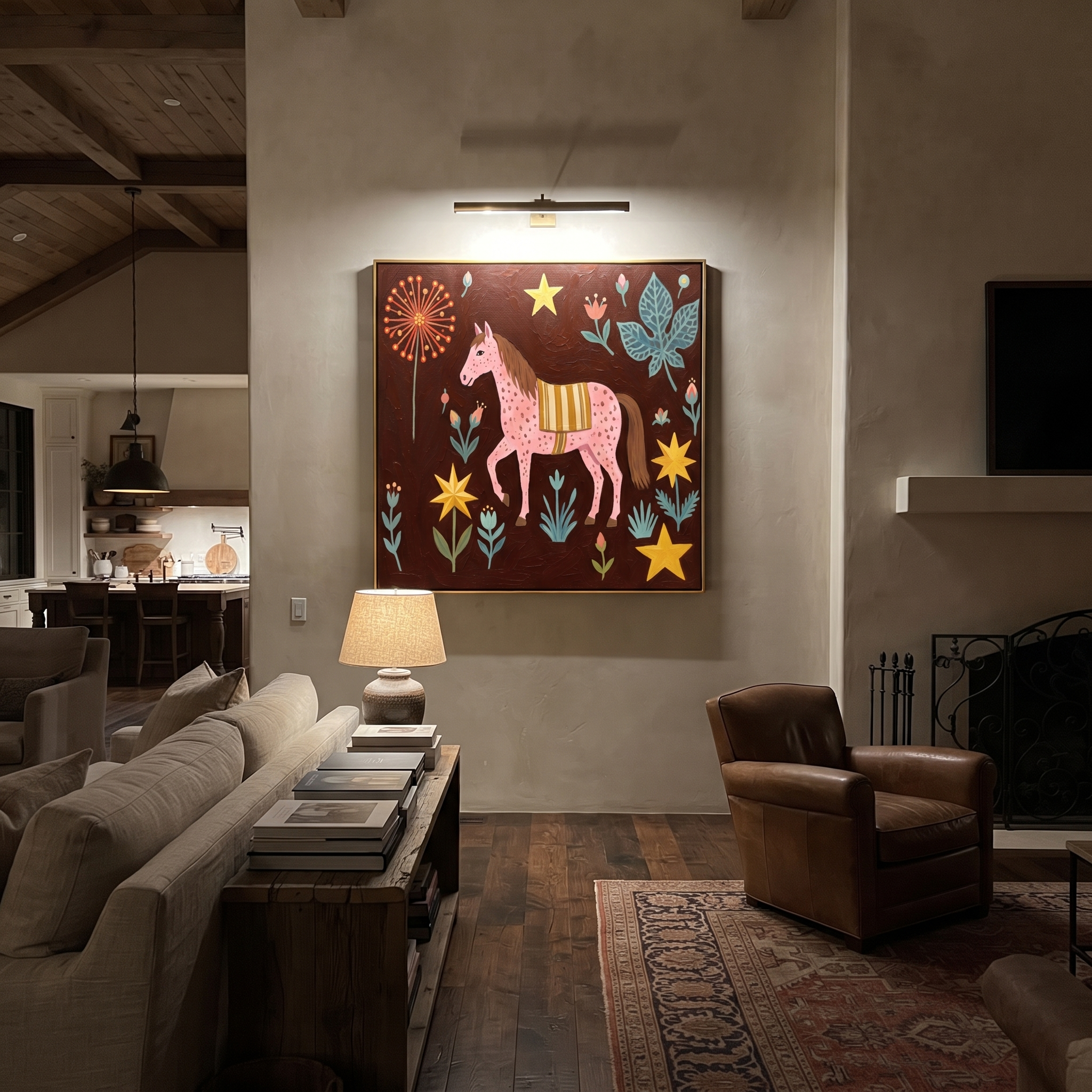Pink Horse Blooms Wild displayed in a layered residential setting
