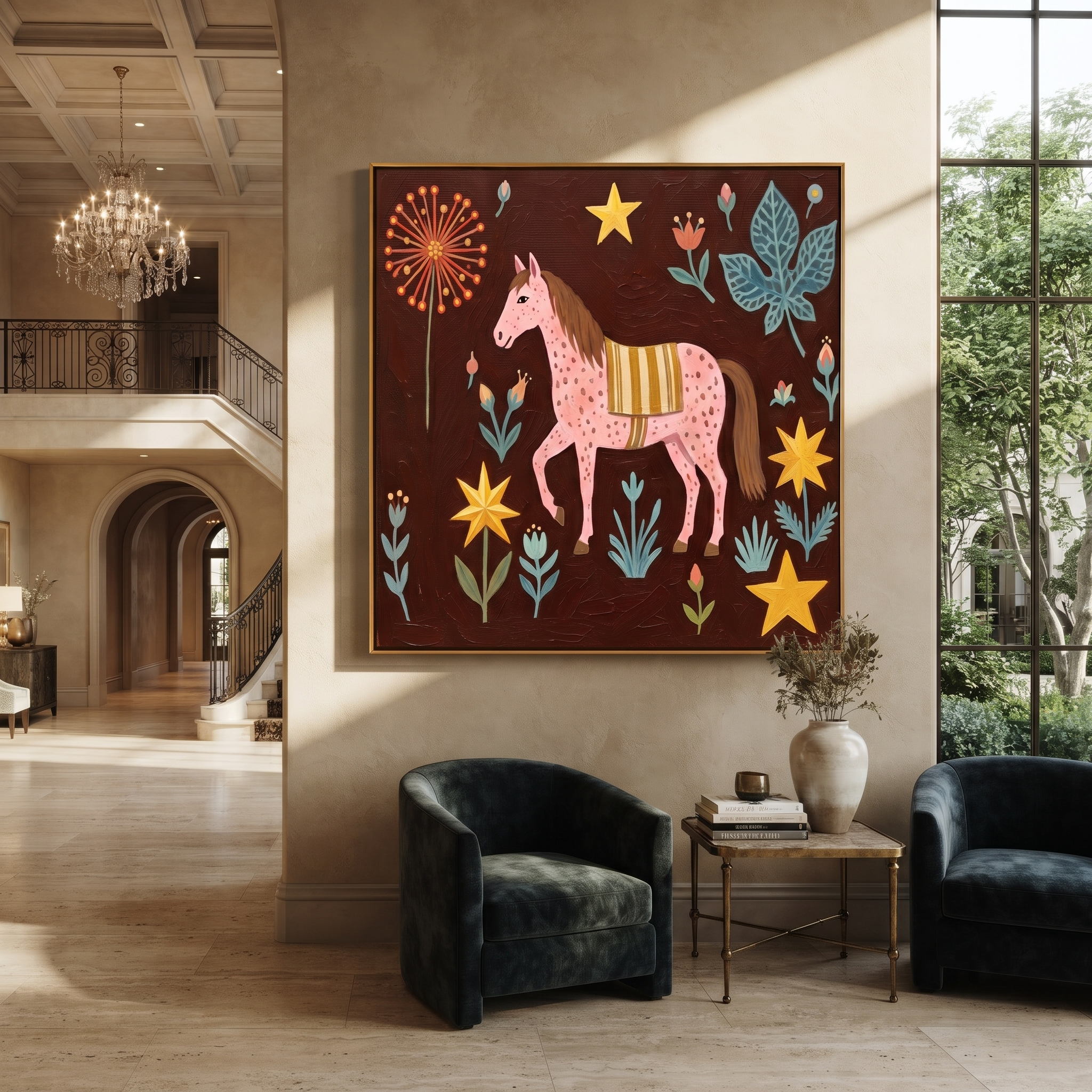 Pink Horse Blooms Wild styled with wood, linen, and modern decor