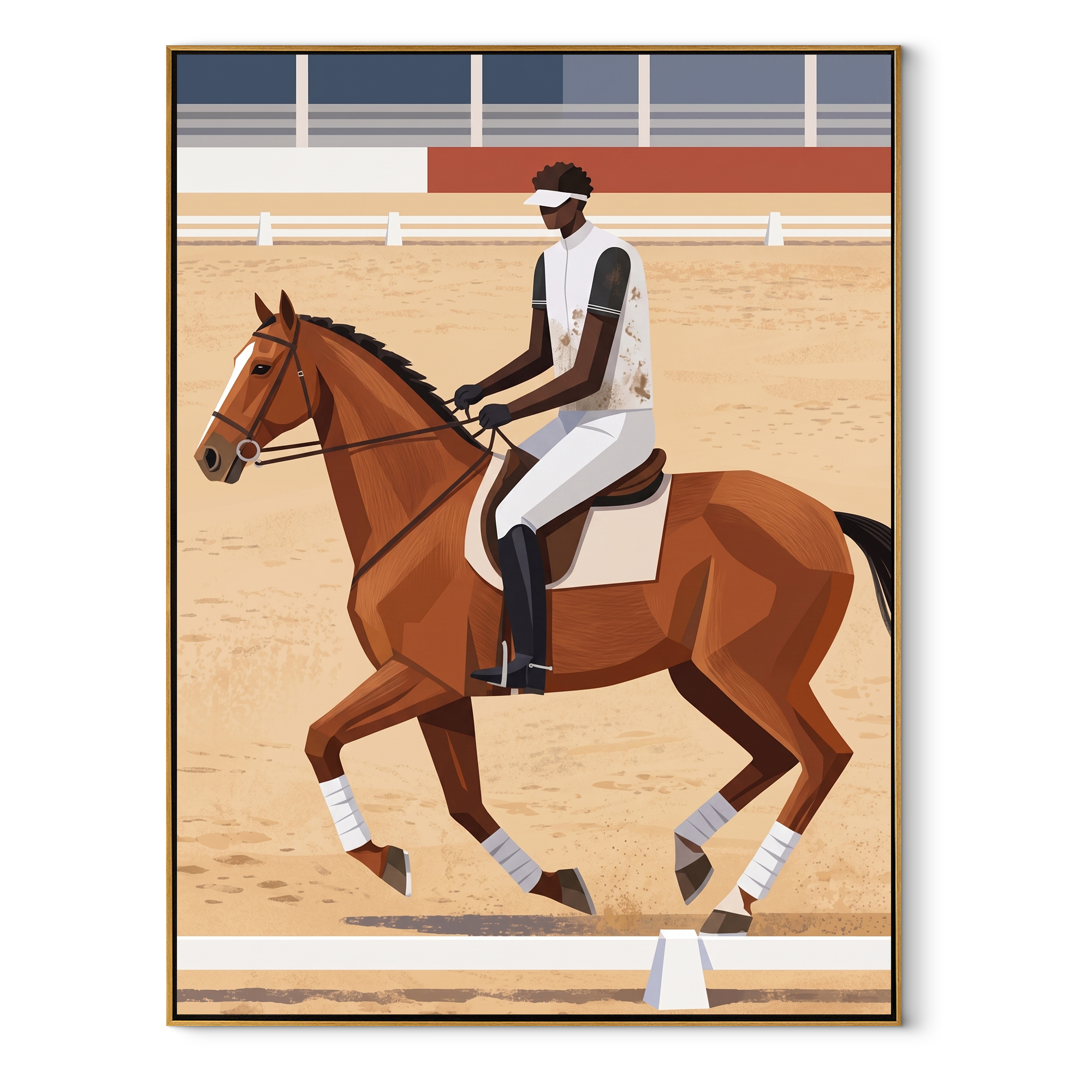Chestnut Gallops Past Rails equestrian horse painting, vertical canvas artwork