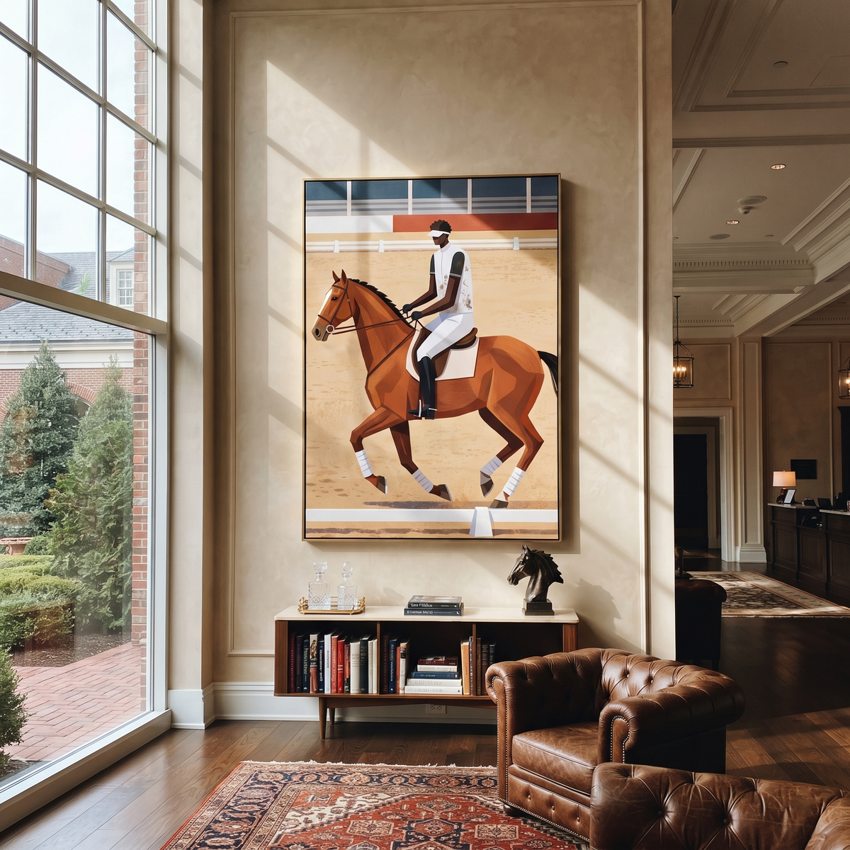 Chestnut Gallops Past Rails styled with warm modern furnishings
