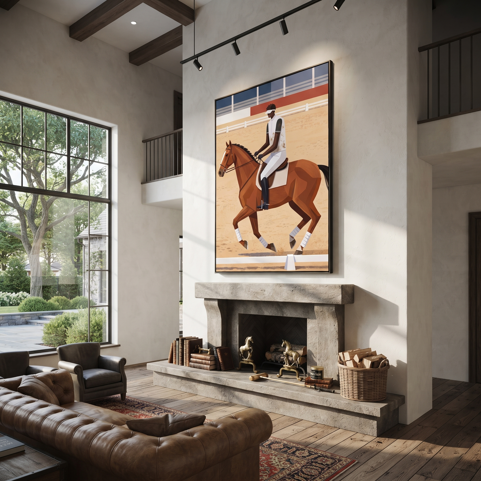 Chestnut Gallops Past Rails presented as a colorful interior focal point
