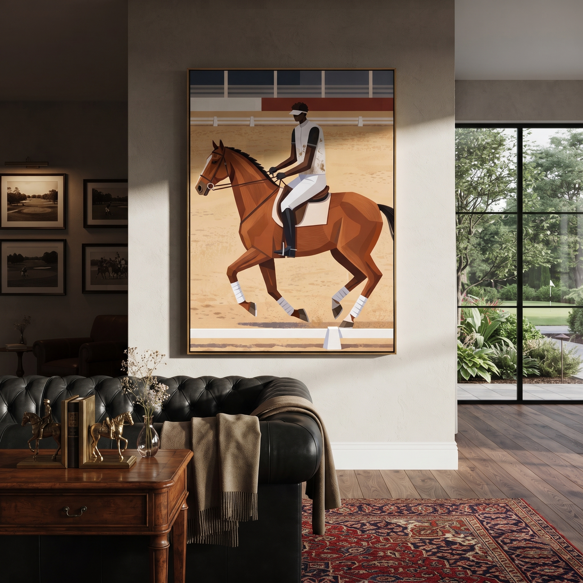 Chestnut Gallops Past Rails displayed in a layered residential setting