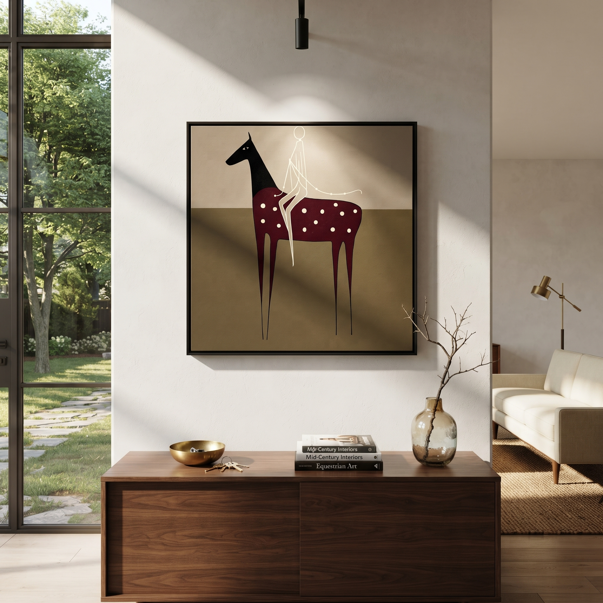 White Reins Cross Spots styled with wood, linen, and modern decor