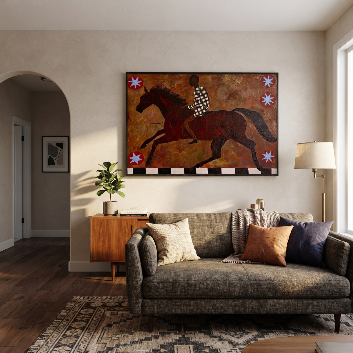 Checkered Rider Chases Stars displayed in a collected contemporary interior