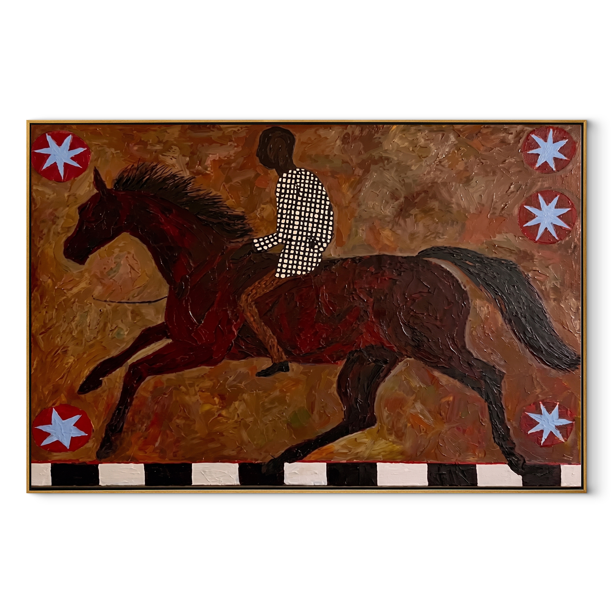 Checkered Rider Chases Stars equestrian horse painting, horizontal canvas artwork