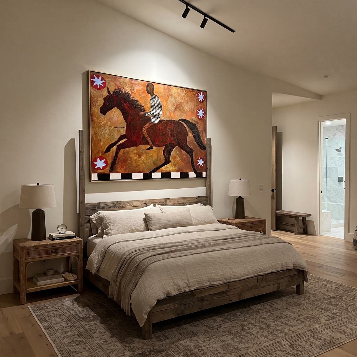 Checkered Rider Chases Stars styled with wood, linen, and modern decor
