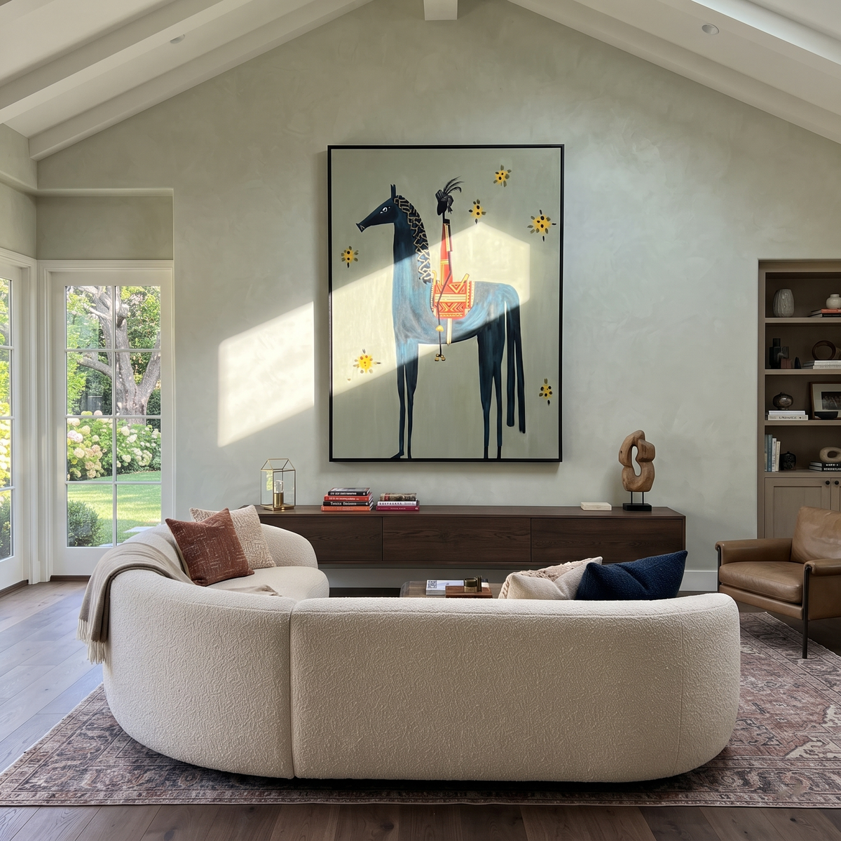 Sunflowers Follow Tall Rider styled with wood, linen, and modern decor