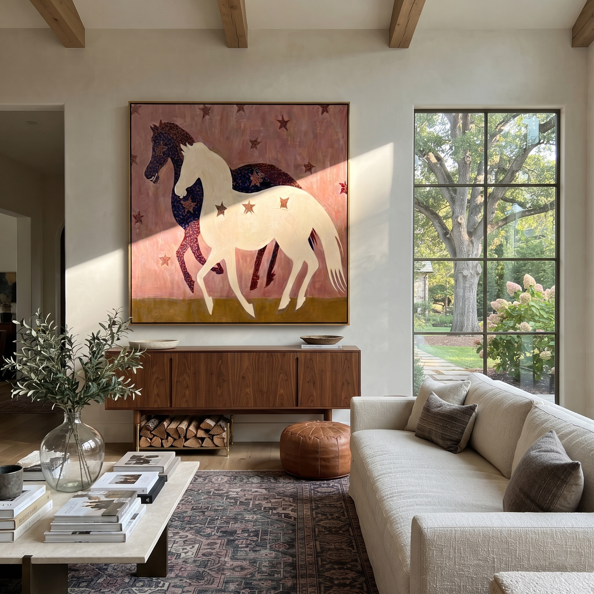 White Horse Crosses Night displayed in a collected contemporary interior