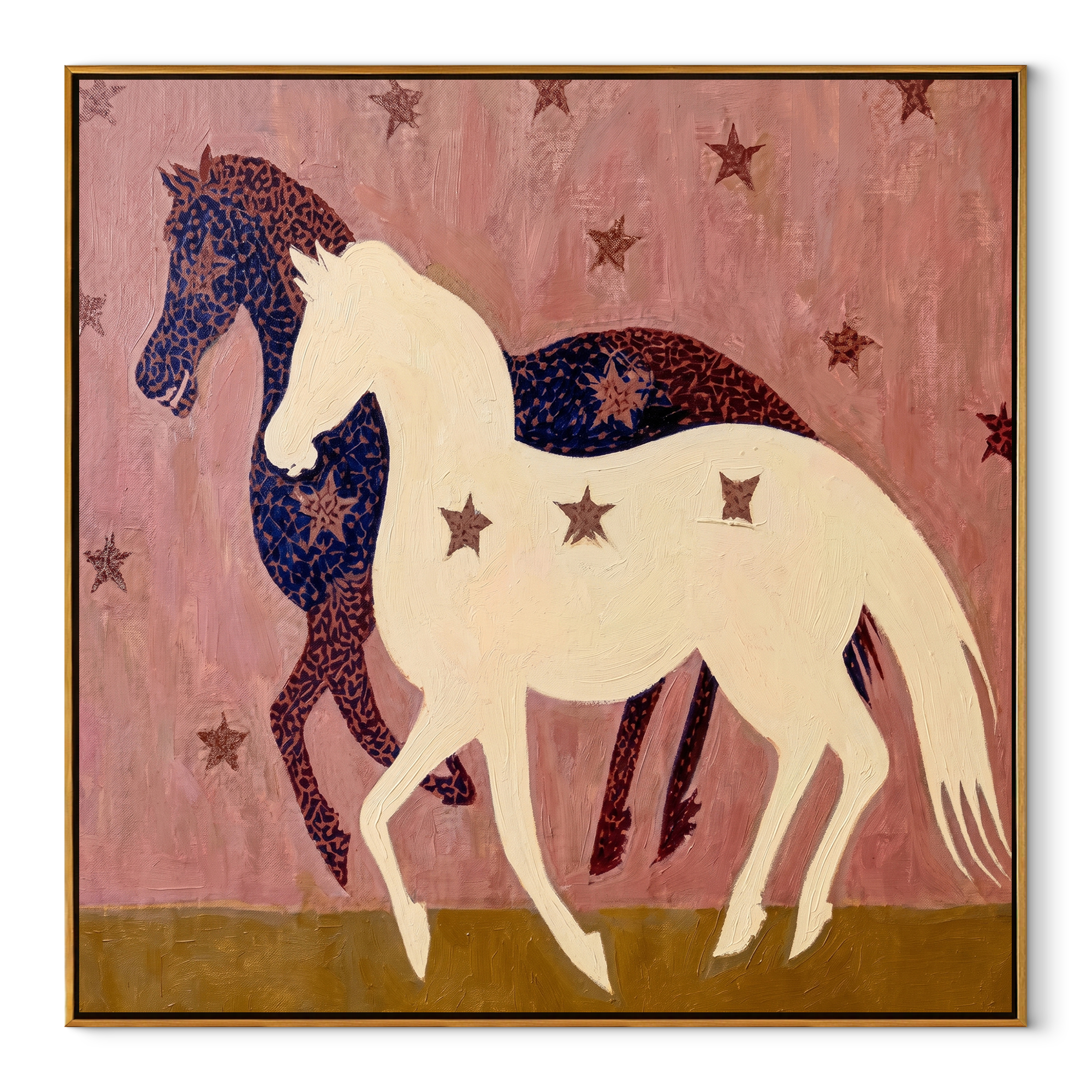 White Horse Crosses Night equestrian horse painting, square canvas artwork