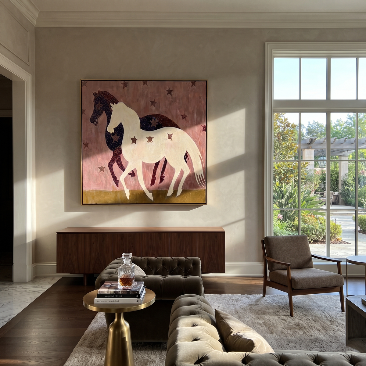 White Horse Crosses Night displayed in a layered residential setting