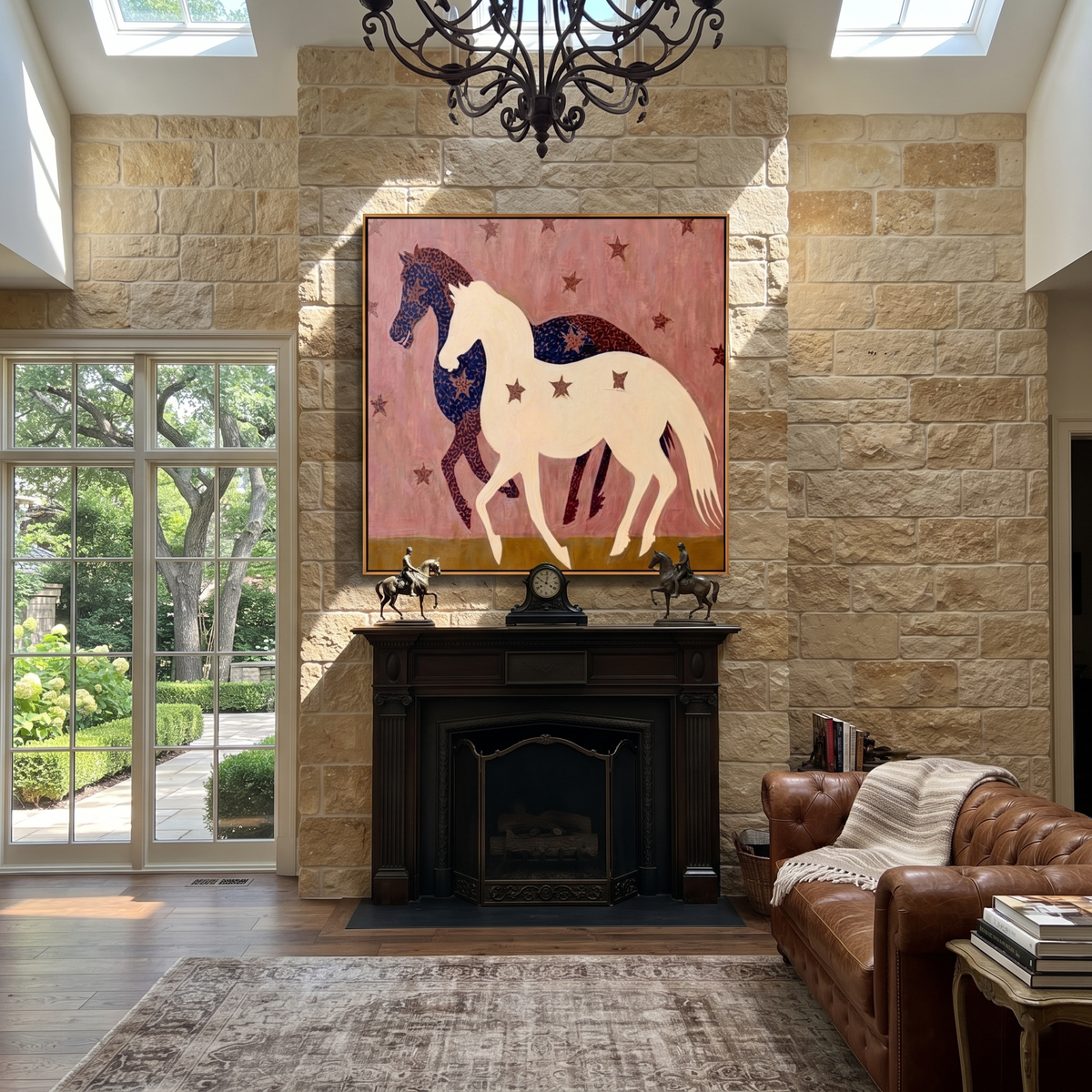 White Horse Crosses Night styled with wood, linen, and modern decor