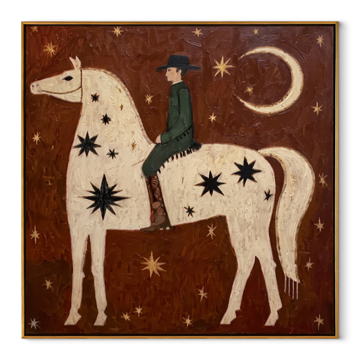 Green Rider Follows Crescent equestrian horse painting, square canvas artwork