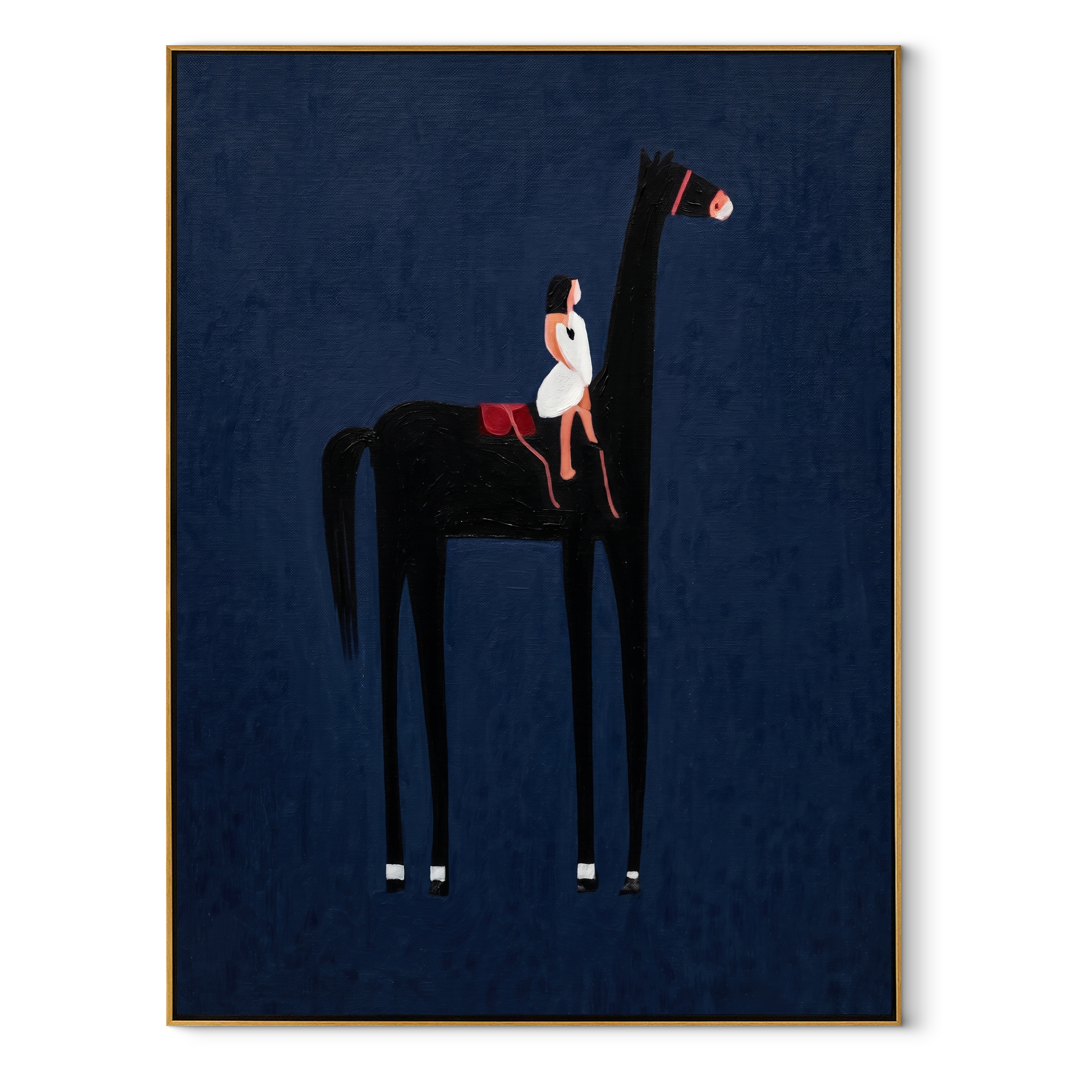Red Boot Touches Midnight equestrian horse painting, vertical canvas artwork